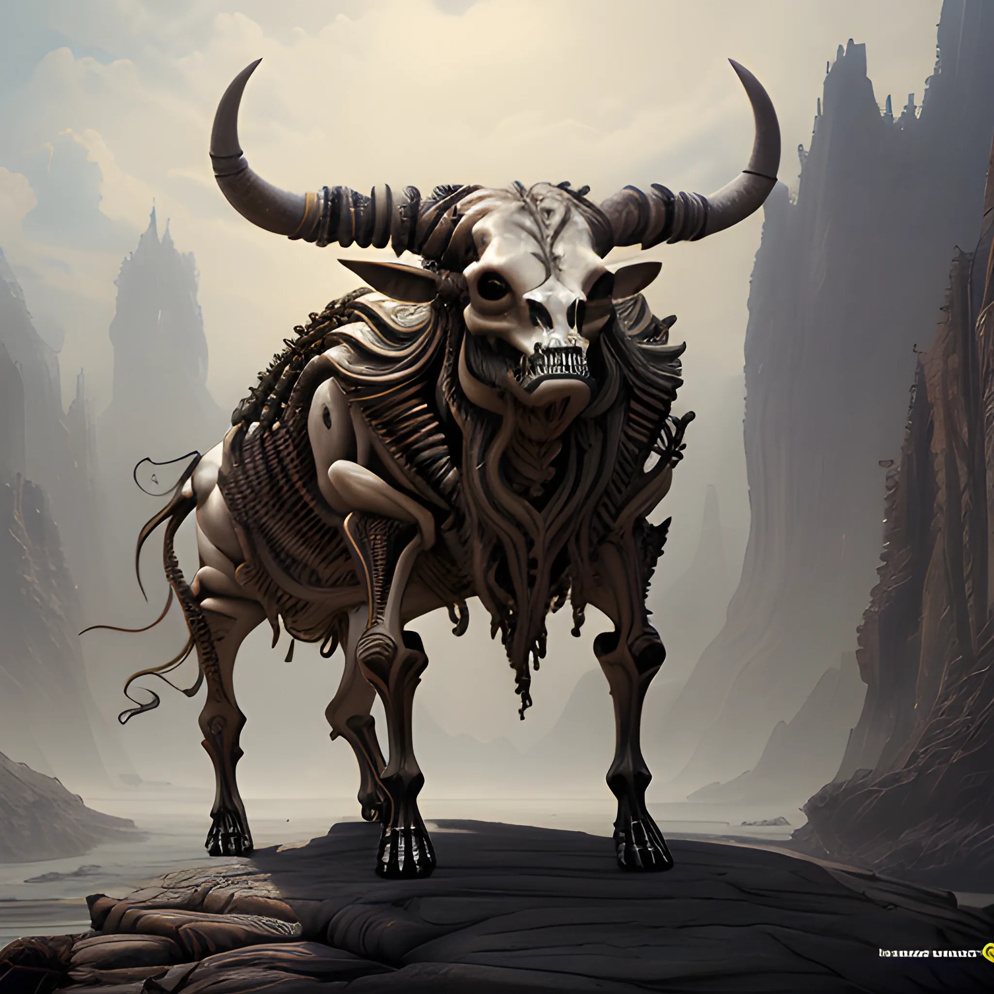 Minotaur, skeleton, full body view, 8k, high resolution, high quality, photorealistic, hyperealistic, detailed, detailed matte painting, deep color, fantastical, intricate detail, splash screen, complementary colors, fantasy concept art, 8k resolution trending on Artstation Unreal Engine 5

