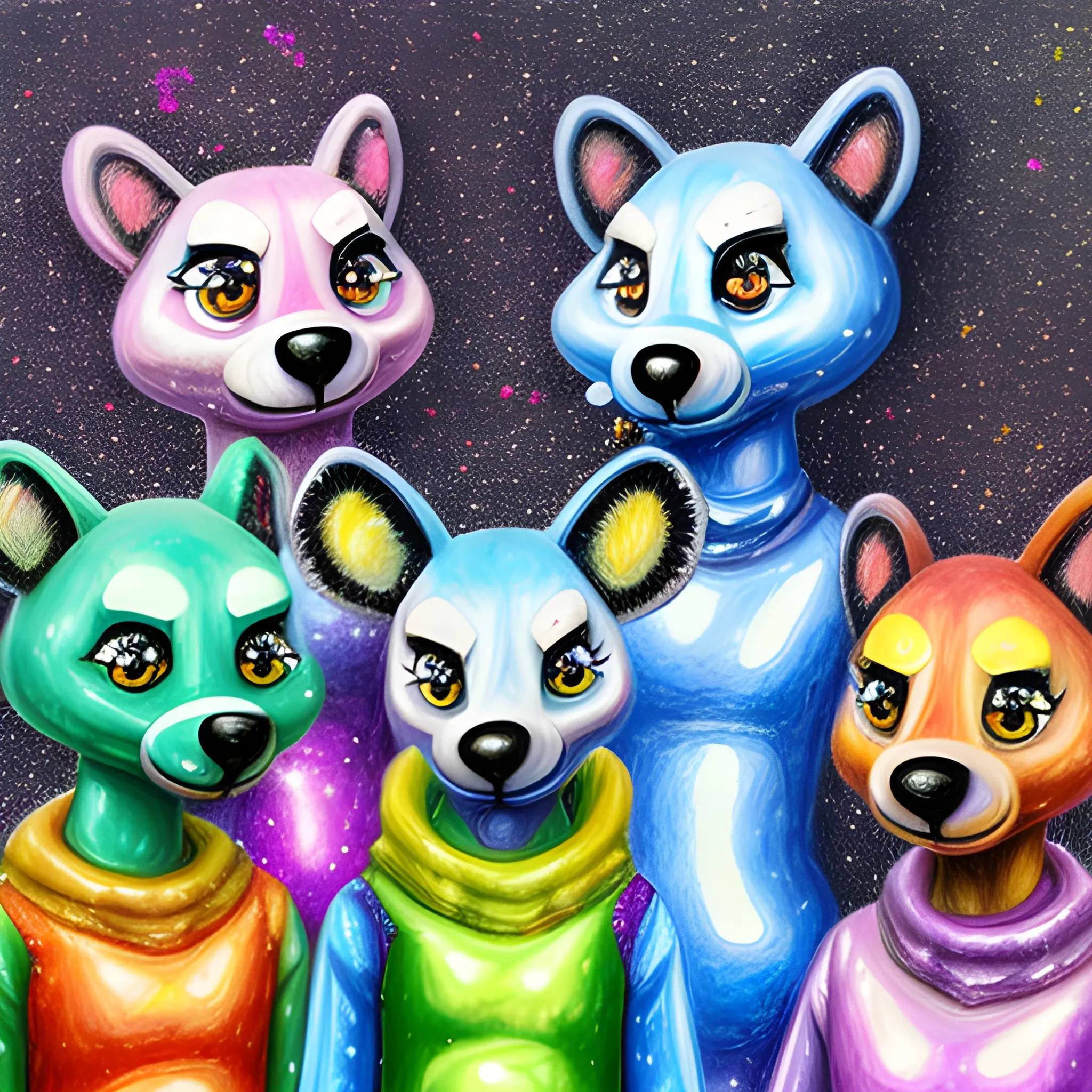 A group of fursuiters turned into glitter, , Trippy, Cartoon, 3D, Pencil Sketch, Oil Painting, Water Color