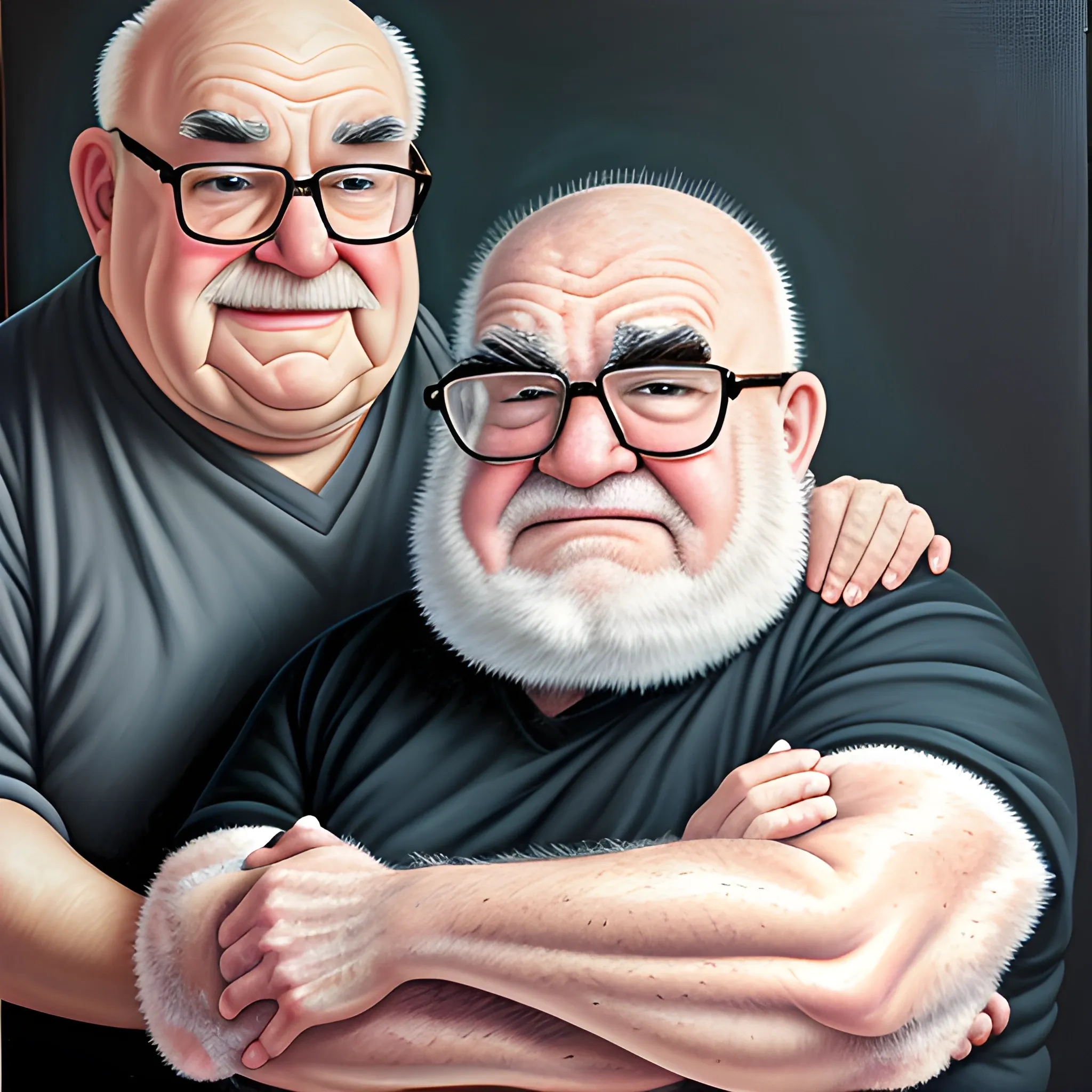 Fat grandpa, very hairy arms, bald, glasses, Ed Asner look alike, Oil Painting