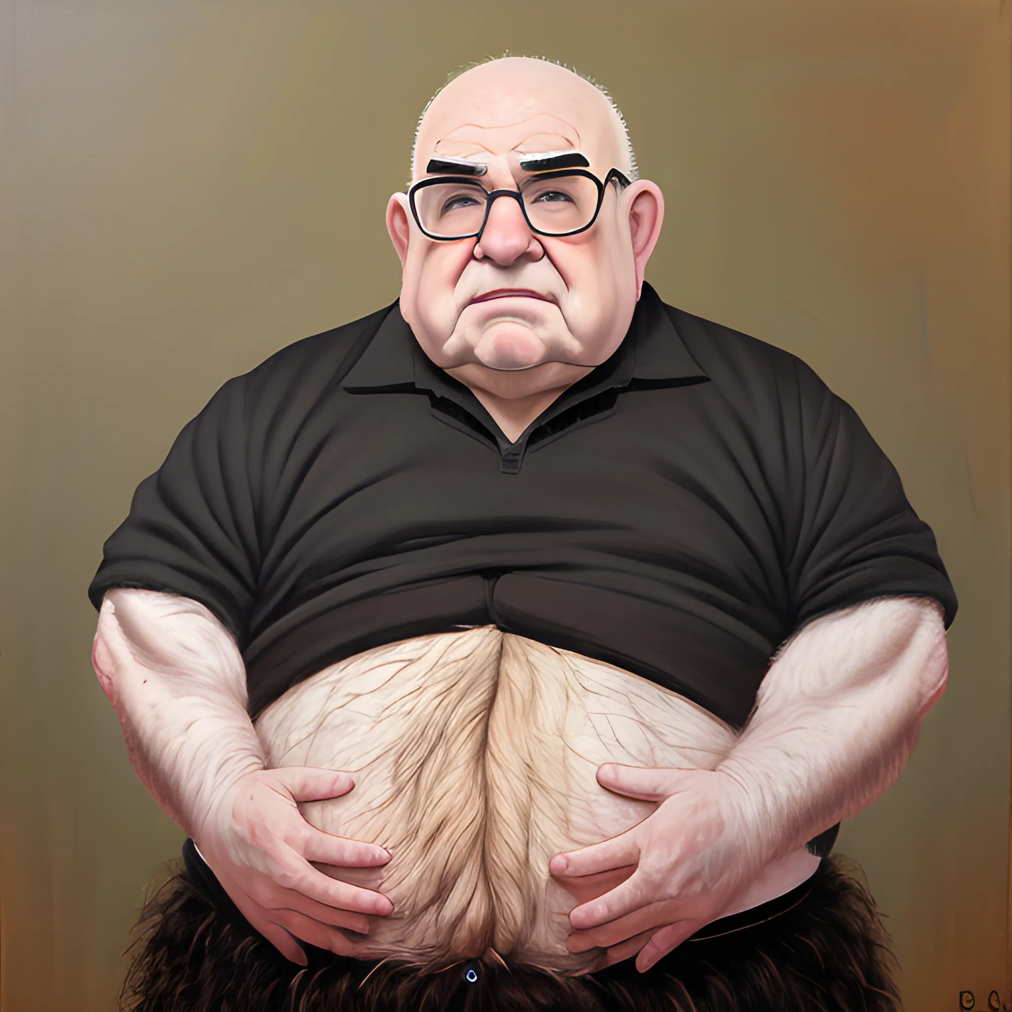 Fat grandpa, very hairy arms, bald, glasses, Ed Asner look alike... -  Arthub.ai