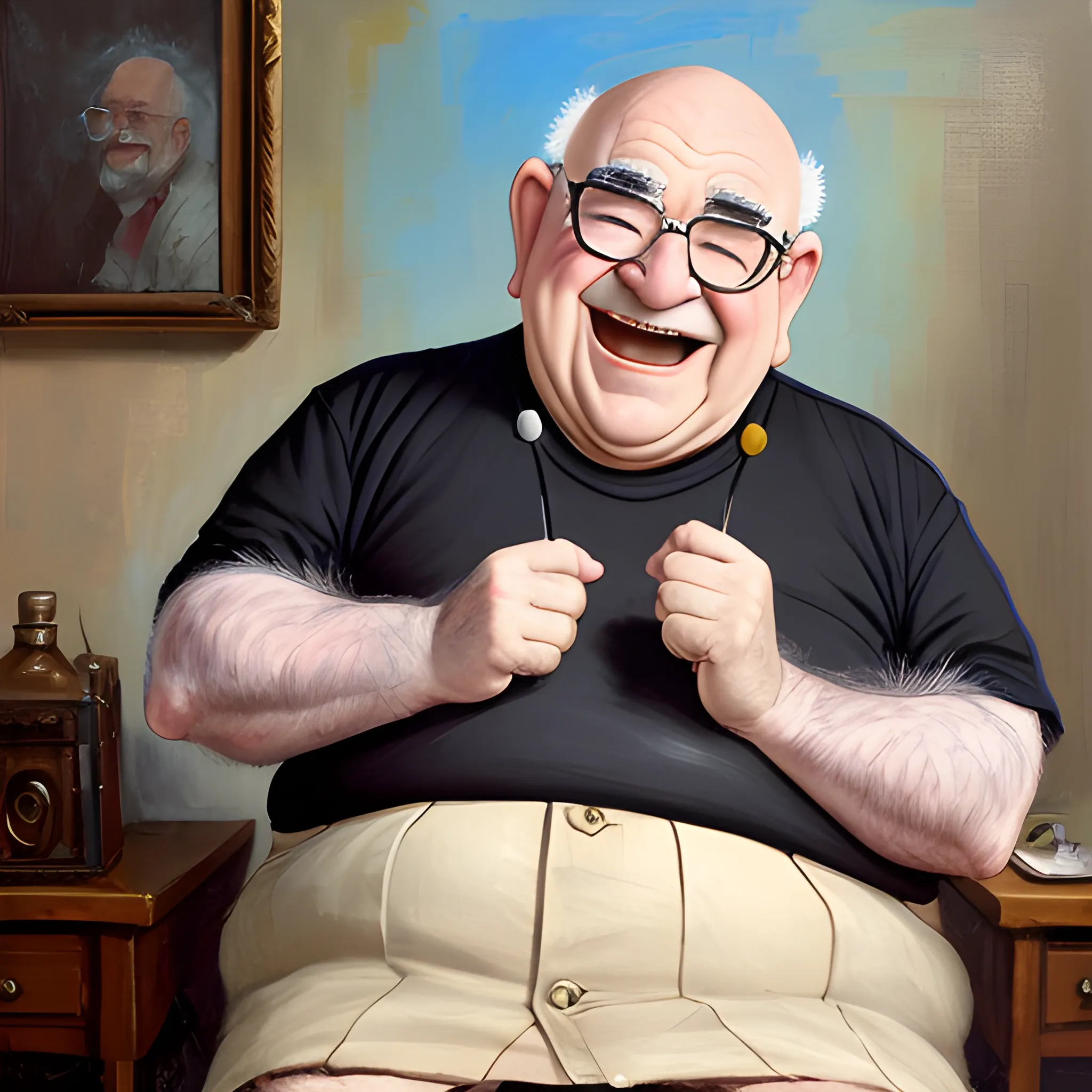 Fat grandpa, very hairy arms, bald, glasses, Ed Asner look alike... -  Arthub.ai