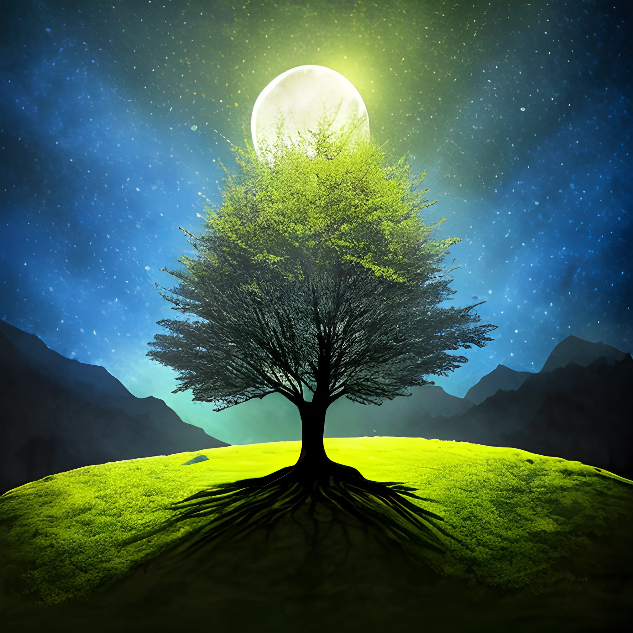 Ancien tree, in a misterious mountain, iluminated by a half moon ligh, high definition, , Water Color