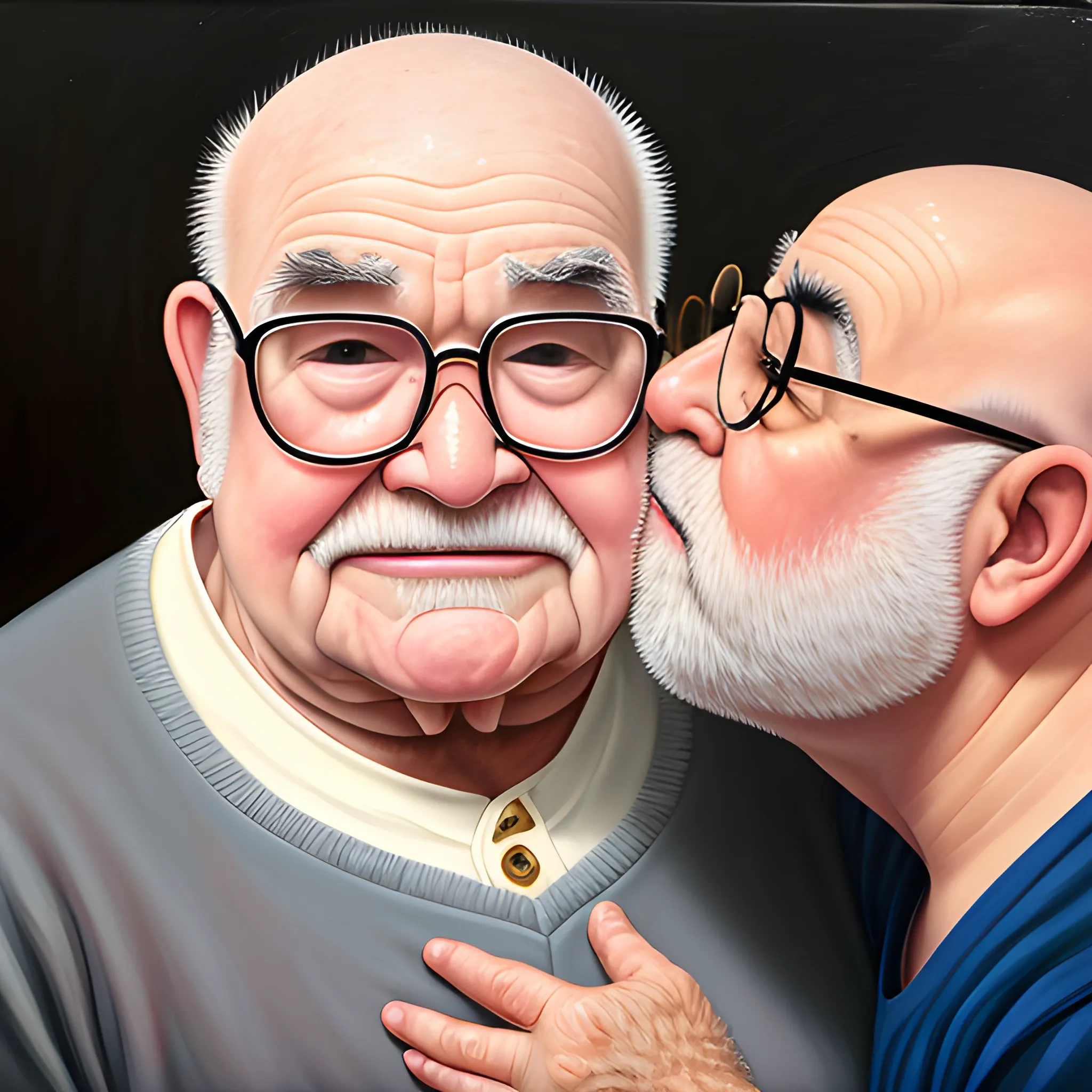 Superchub grandpa, very hairy,  bald, glasses, Ed Asner look alike, short oants, kissing, , Oil Painting