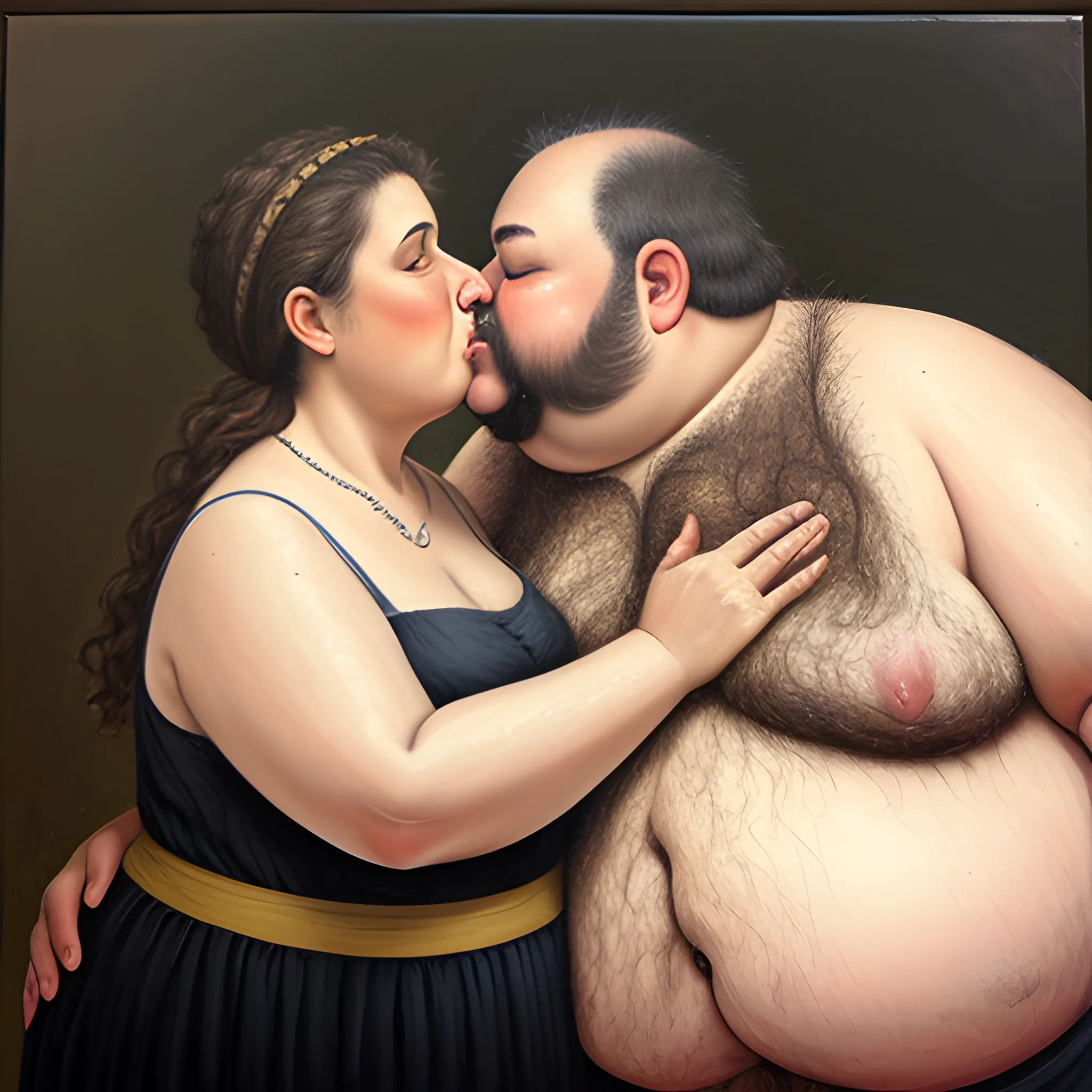 Greek, hairy,  very fat, old, man, kissing fat wife, Oil Painting