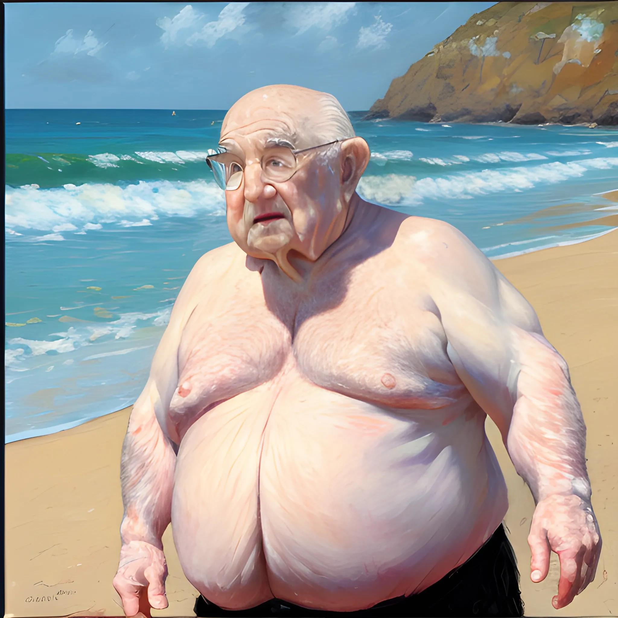 Ed Asner, fat, beach, Oil Painting - Arthub.ai