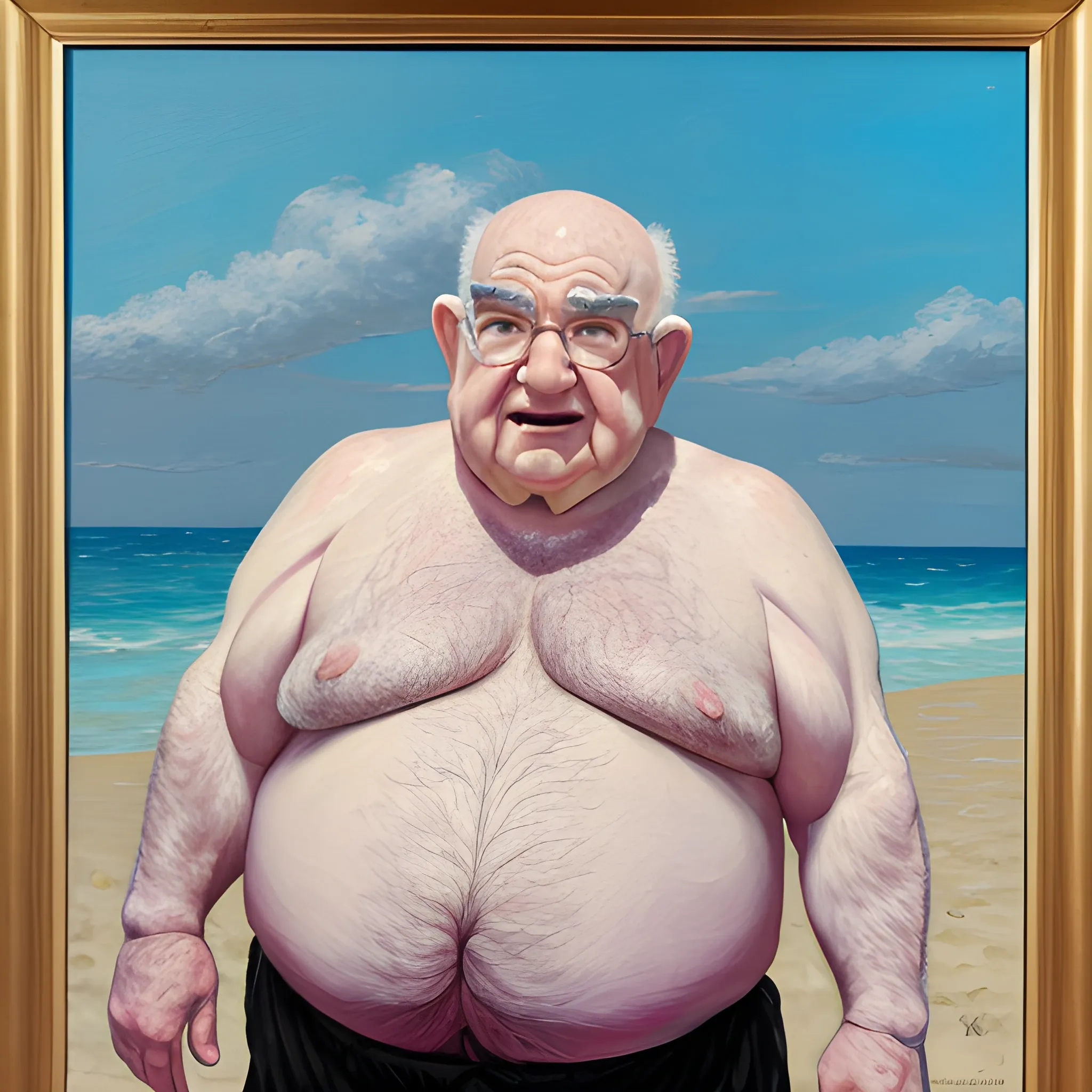 Ed Asner, fat, hairy, beach, Oil Painting