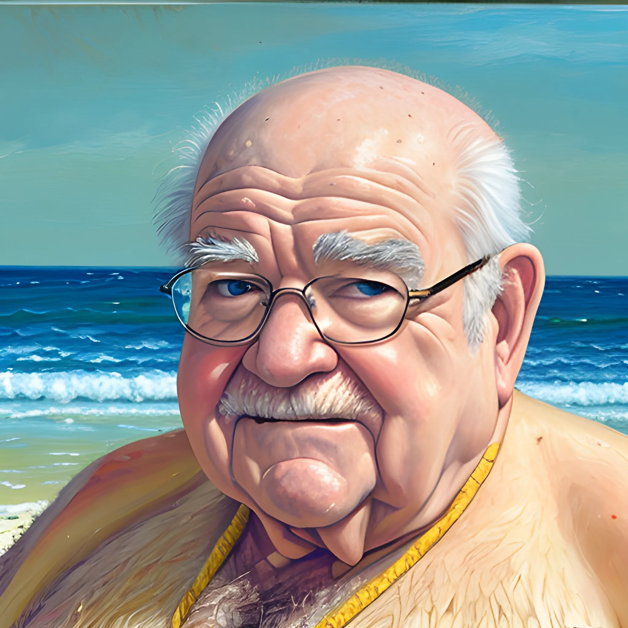 Ed Asner, fat, hairy, beach, swimming, Oil Painting - Arthub.ai