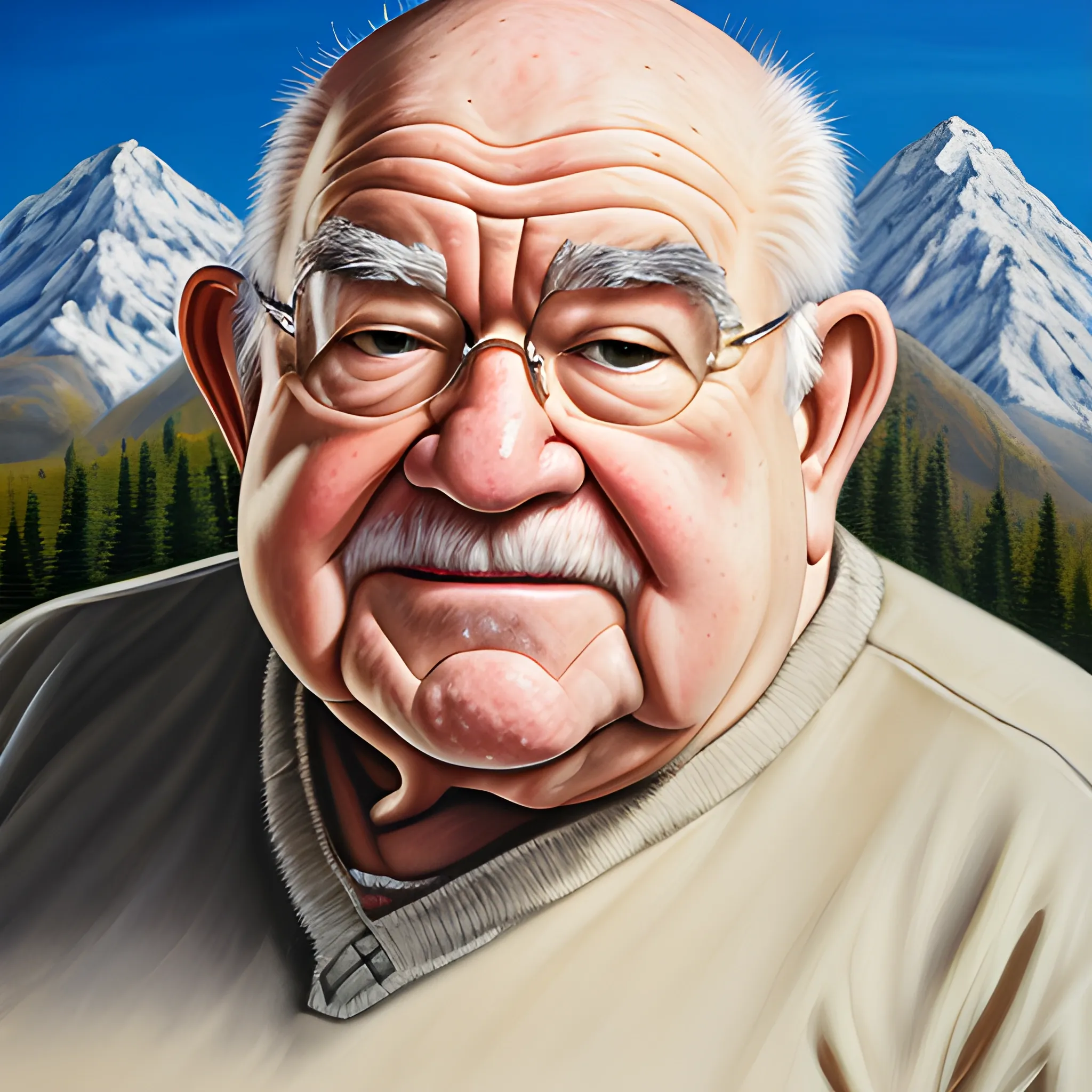 Ed Asner, fat, hairy, mountain, Oil Painting