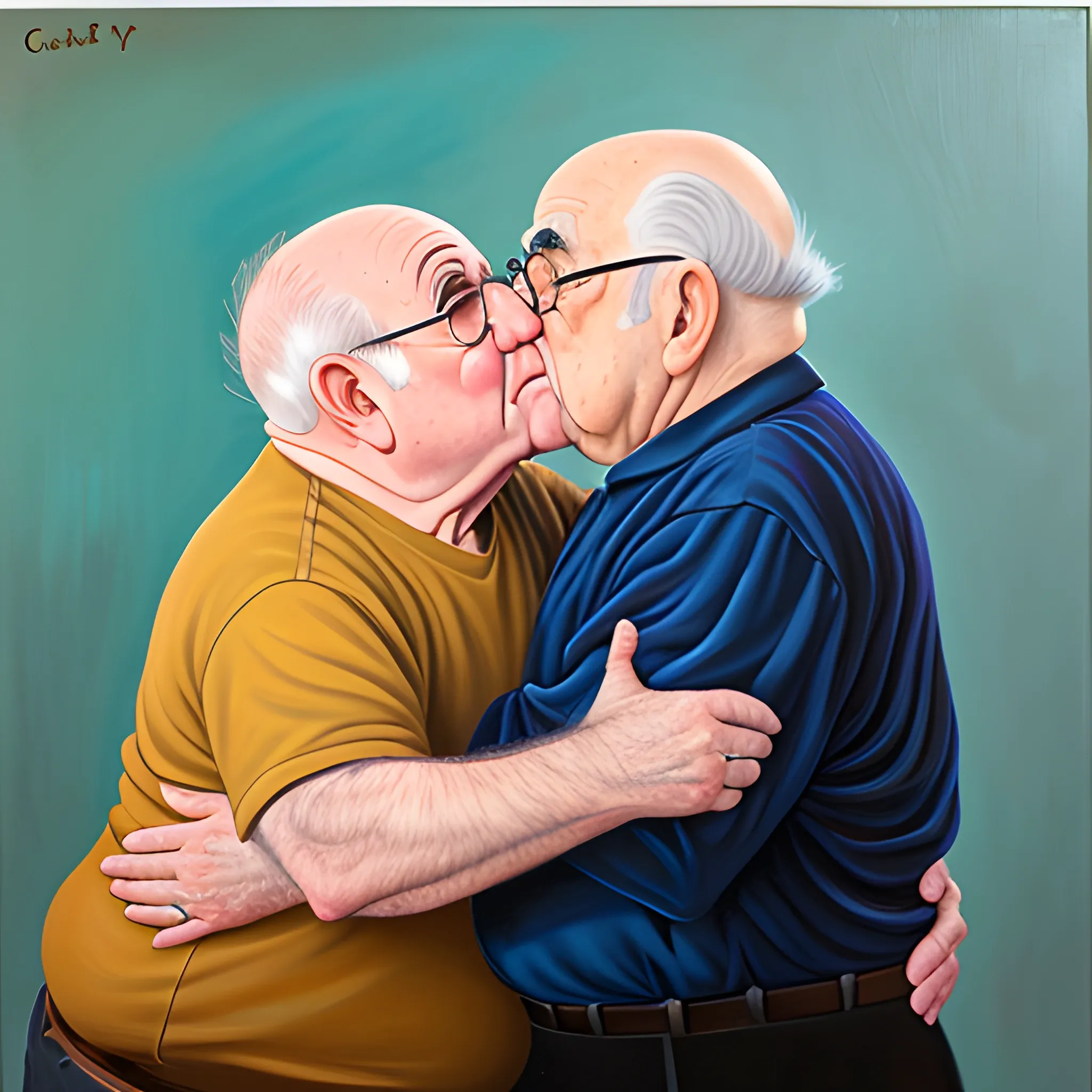 Ed Asner, chubby, kissing, Oil Painting