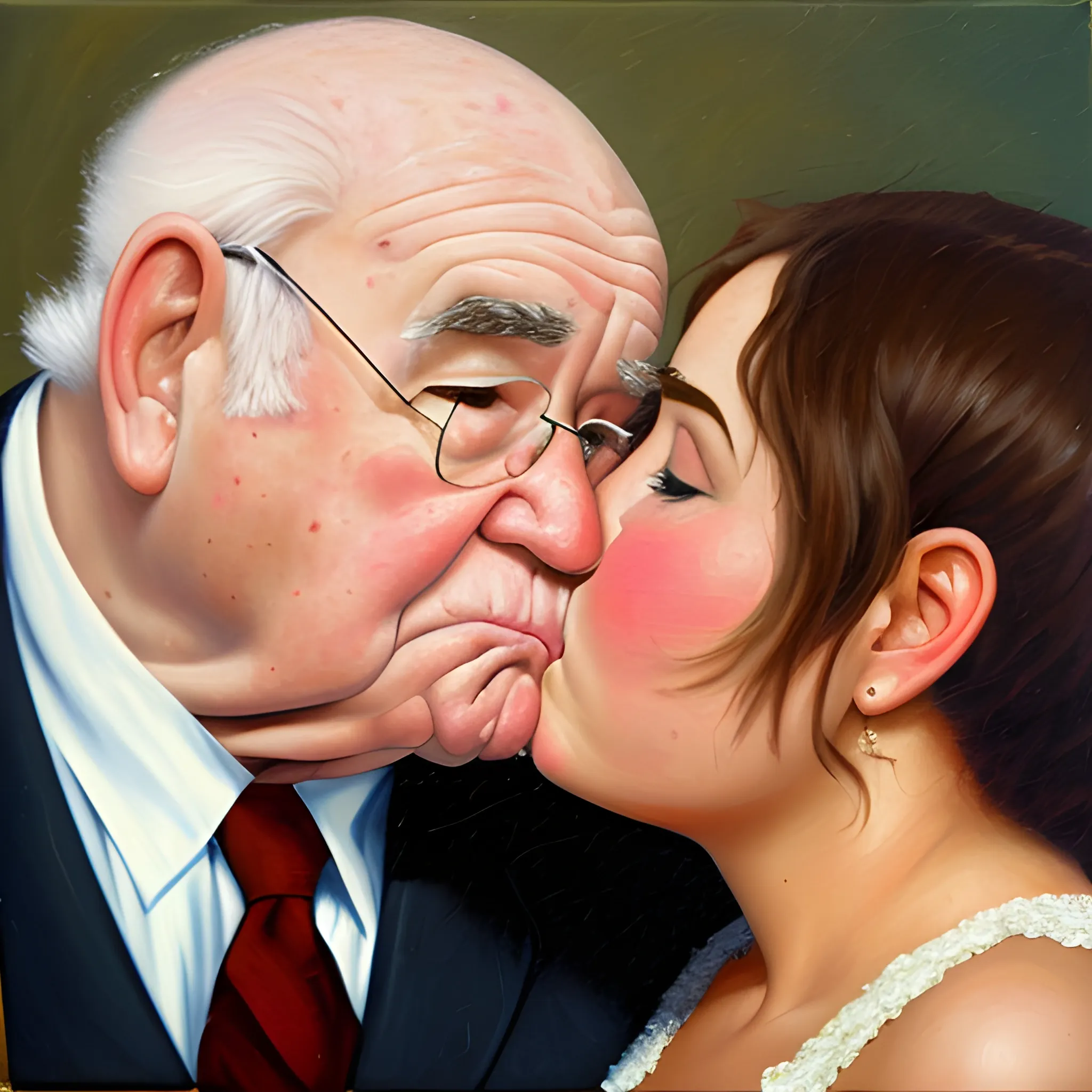 Ed Asner, chubby, kissing female , Oil Painting