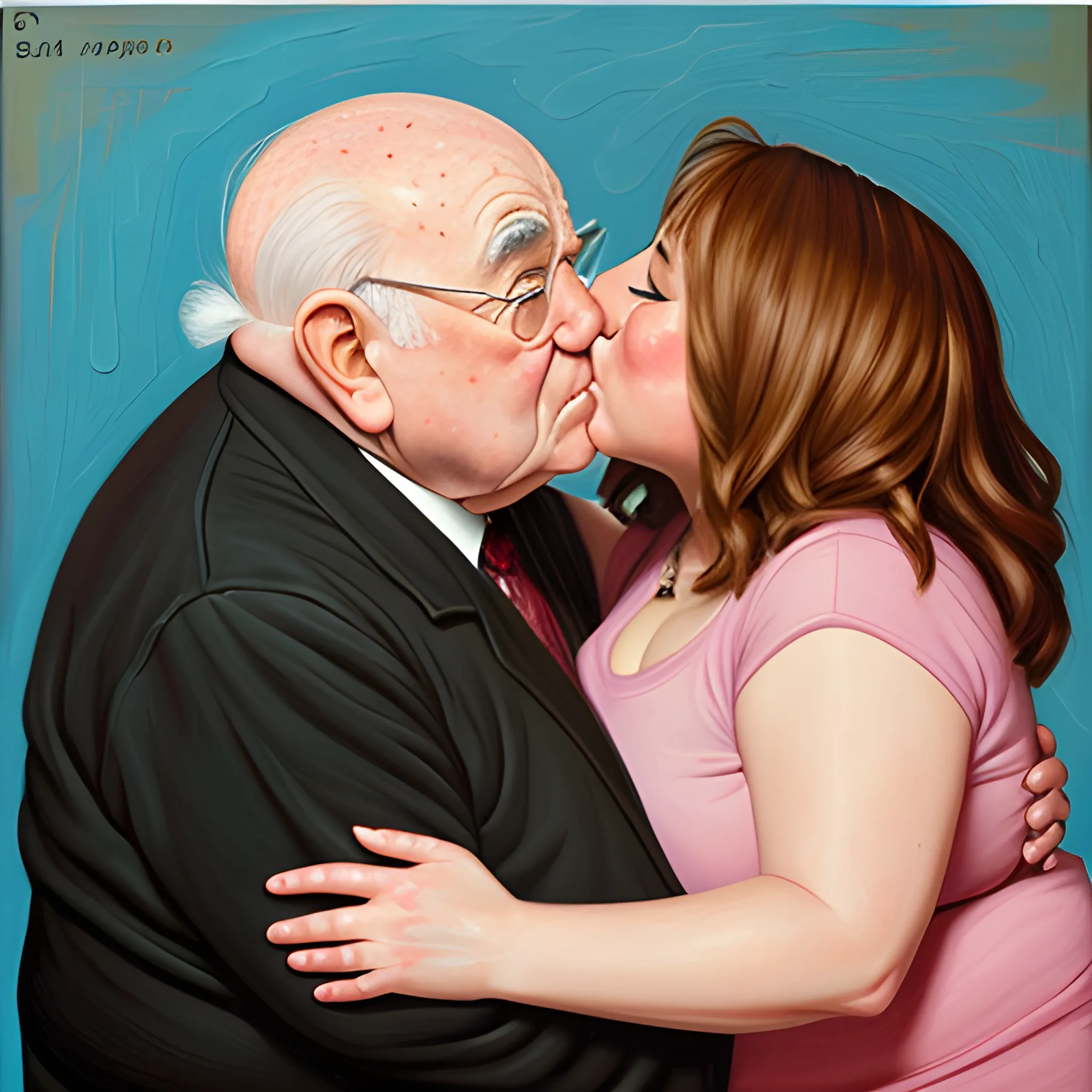 Ed Asner, fat, kissing female , Oil Painting, Oil Painting