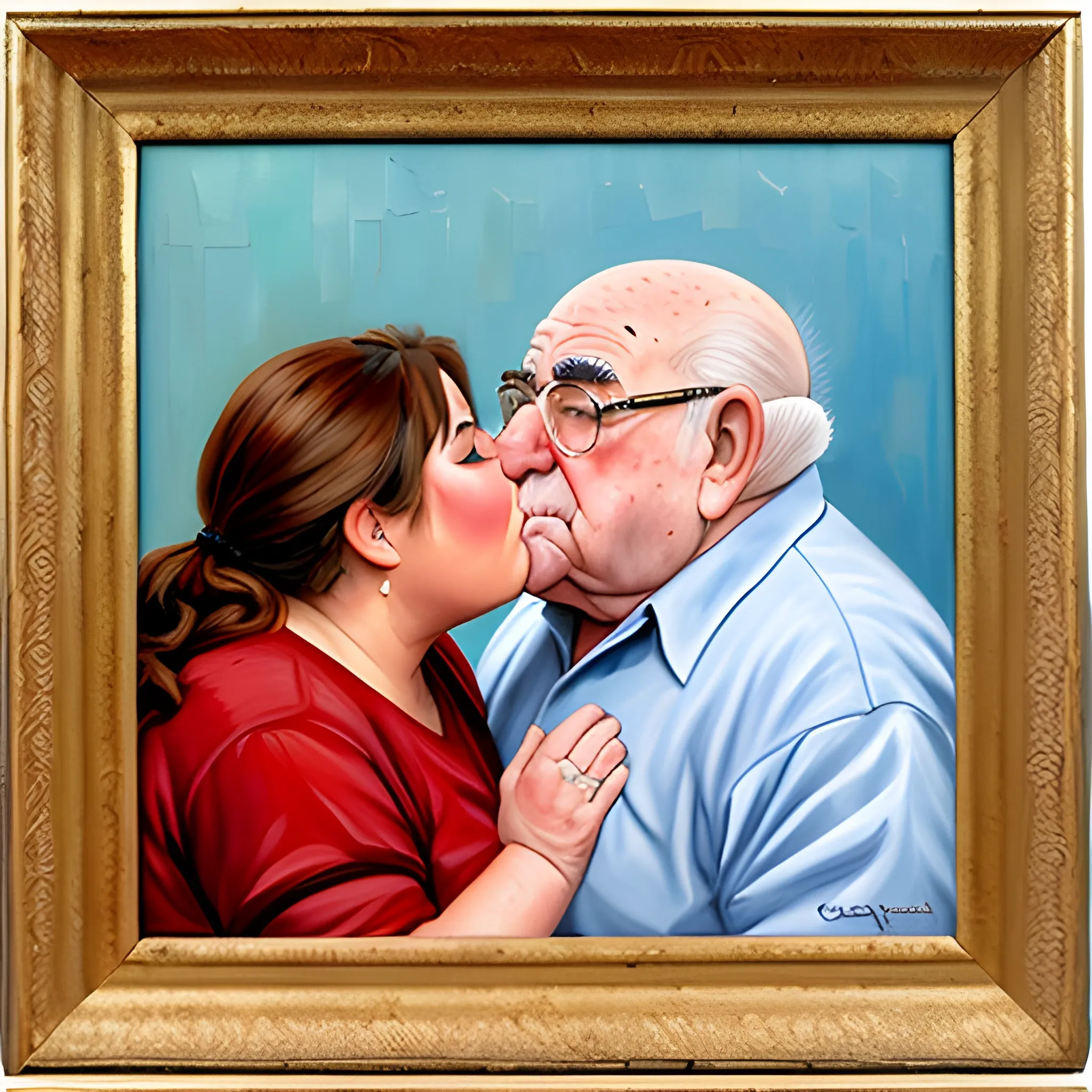 Ed Asner,  very fat, kissing female , Oil Painting, Oil Painting, Oil Painting