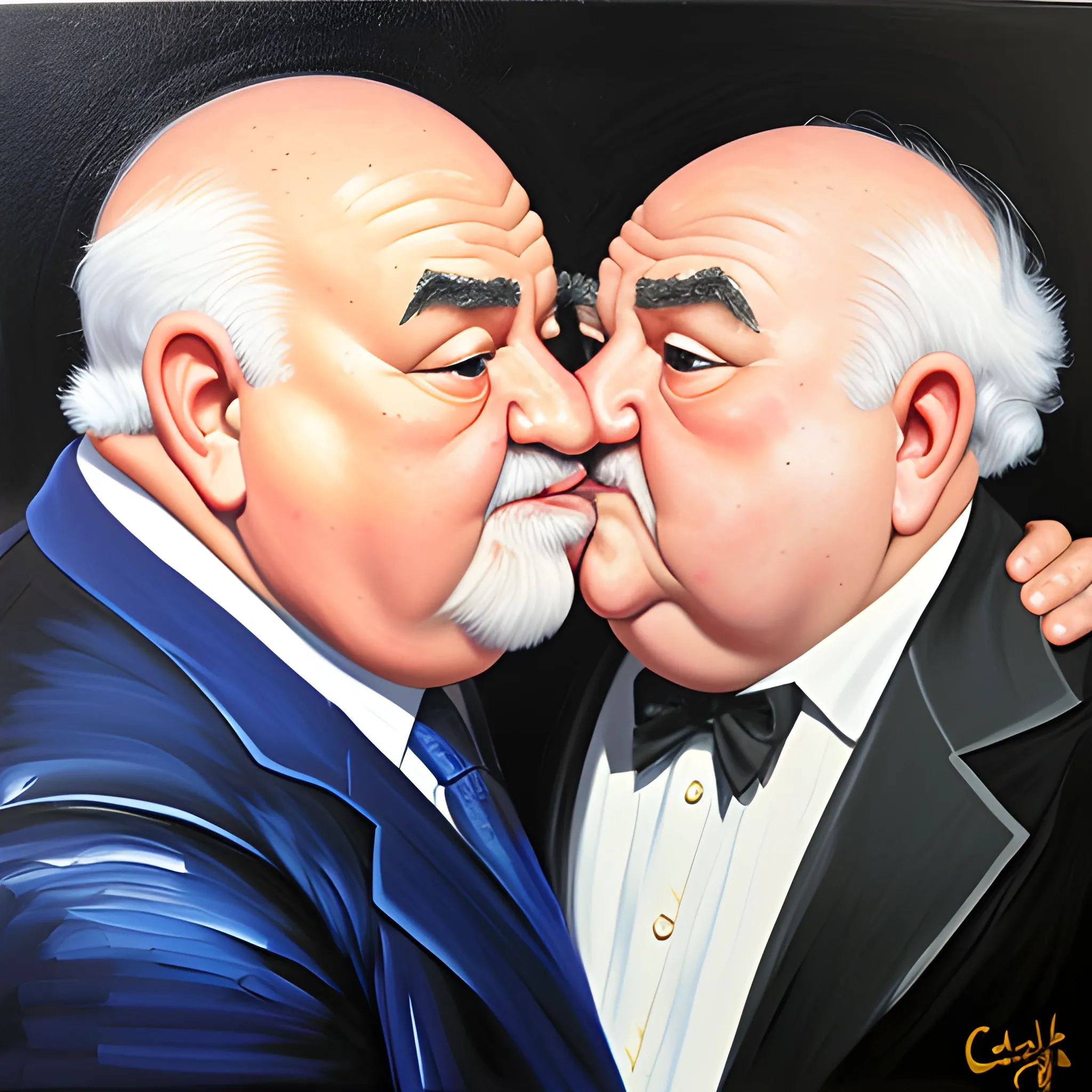 Greek that looks lije Ed Asner, very fat face, kissing, , Oil Painting