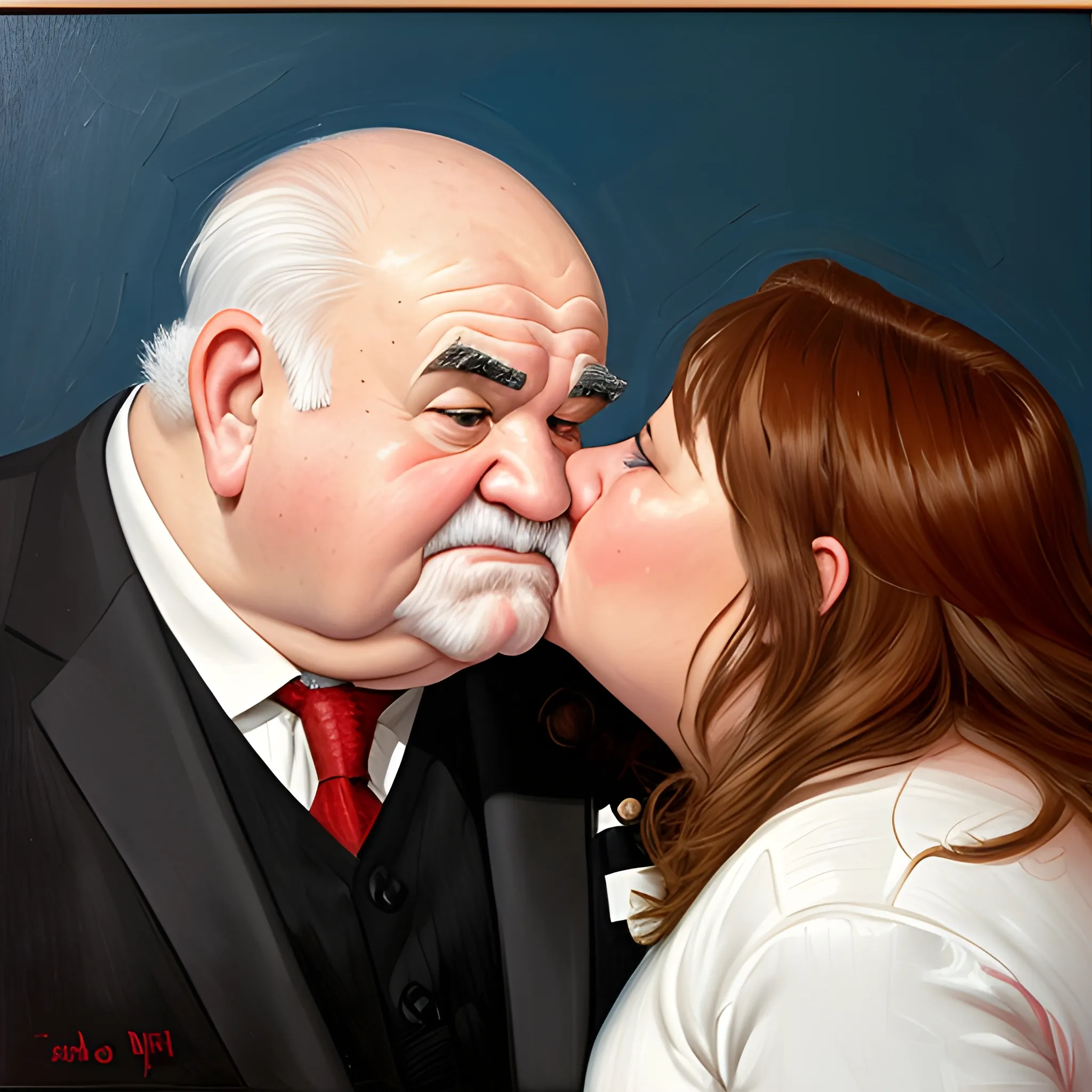 Greek that looks lije Ed Asner, very fat face, kissing wife, Oil Painting