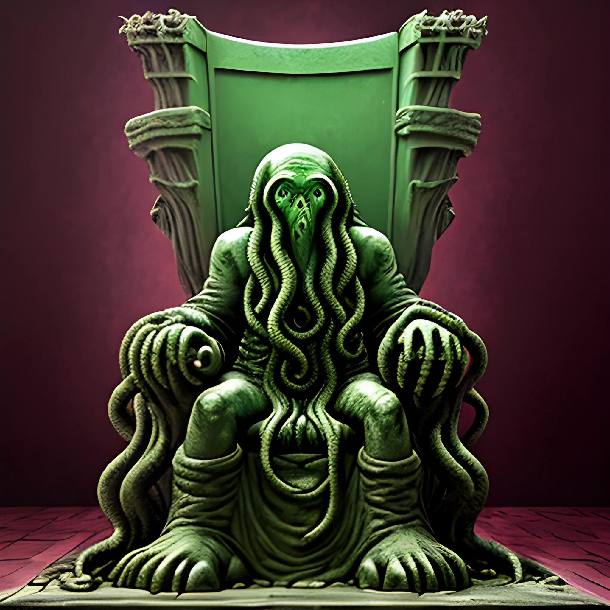 Painting of cthulhu, in a dark stone throne