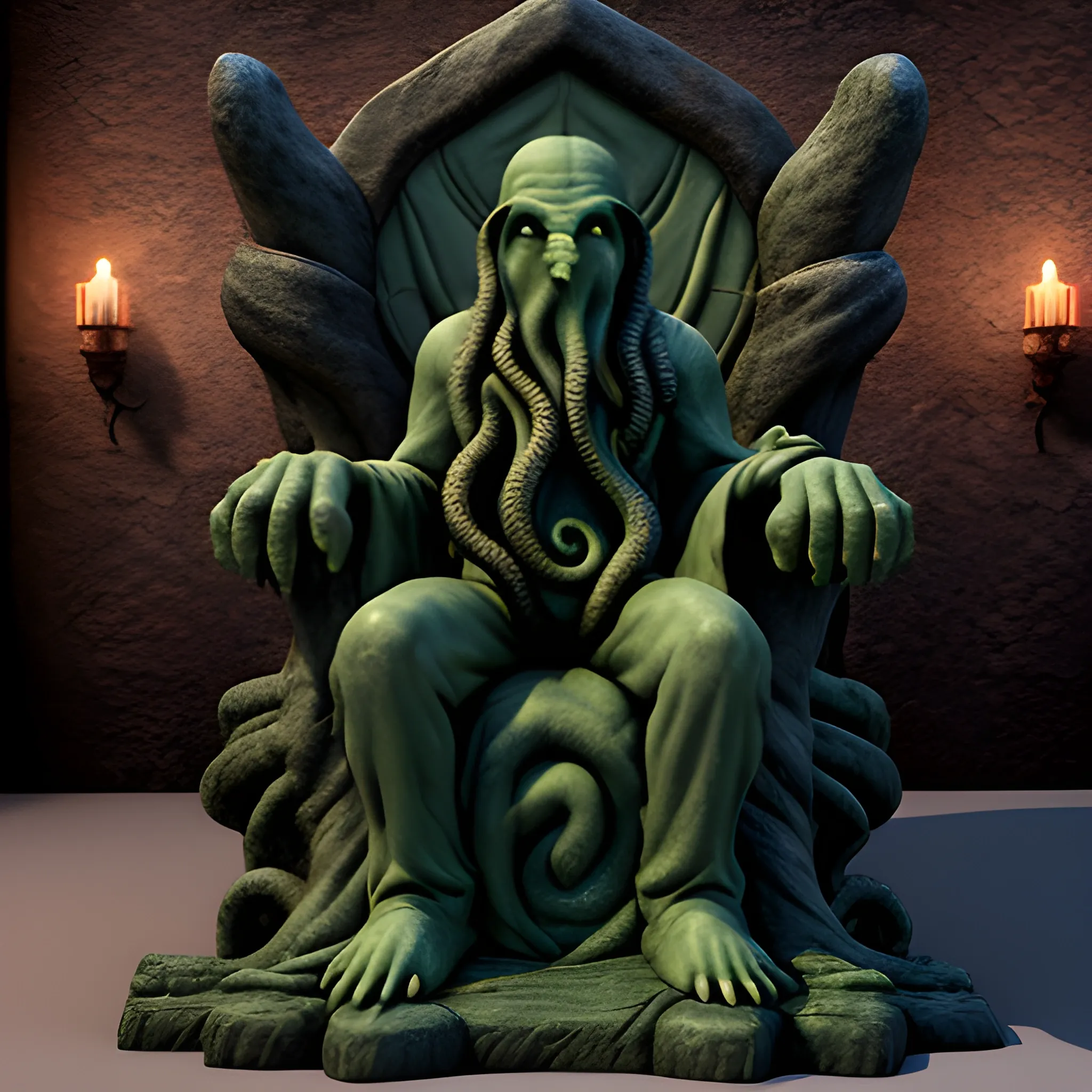 Painting of cthulhu, in a dark stone throne, 3D