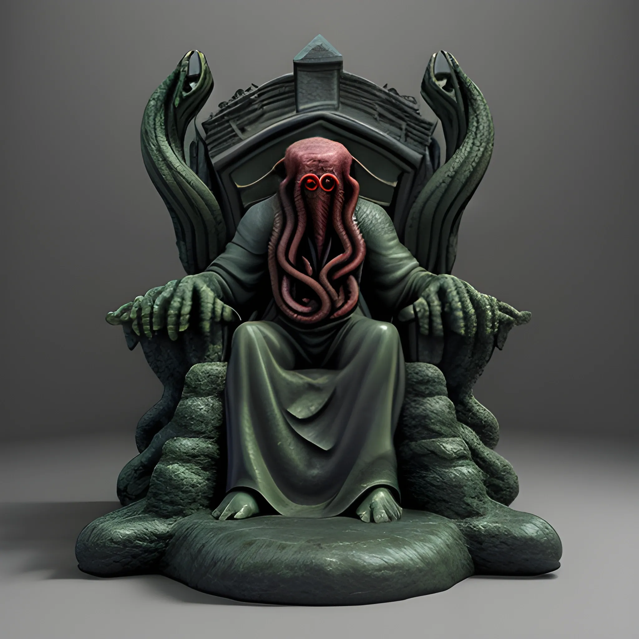 Painting of cthulhu, in a dark stone throne, 3D