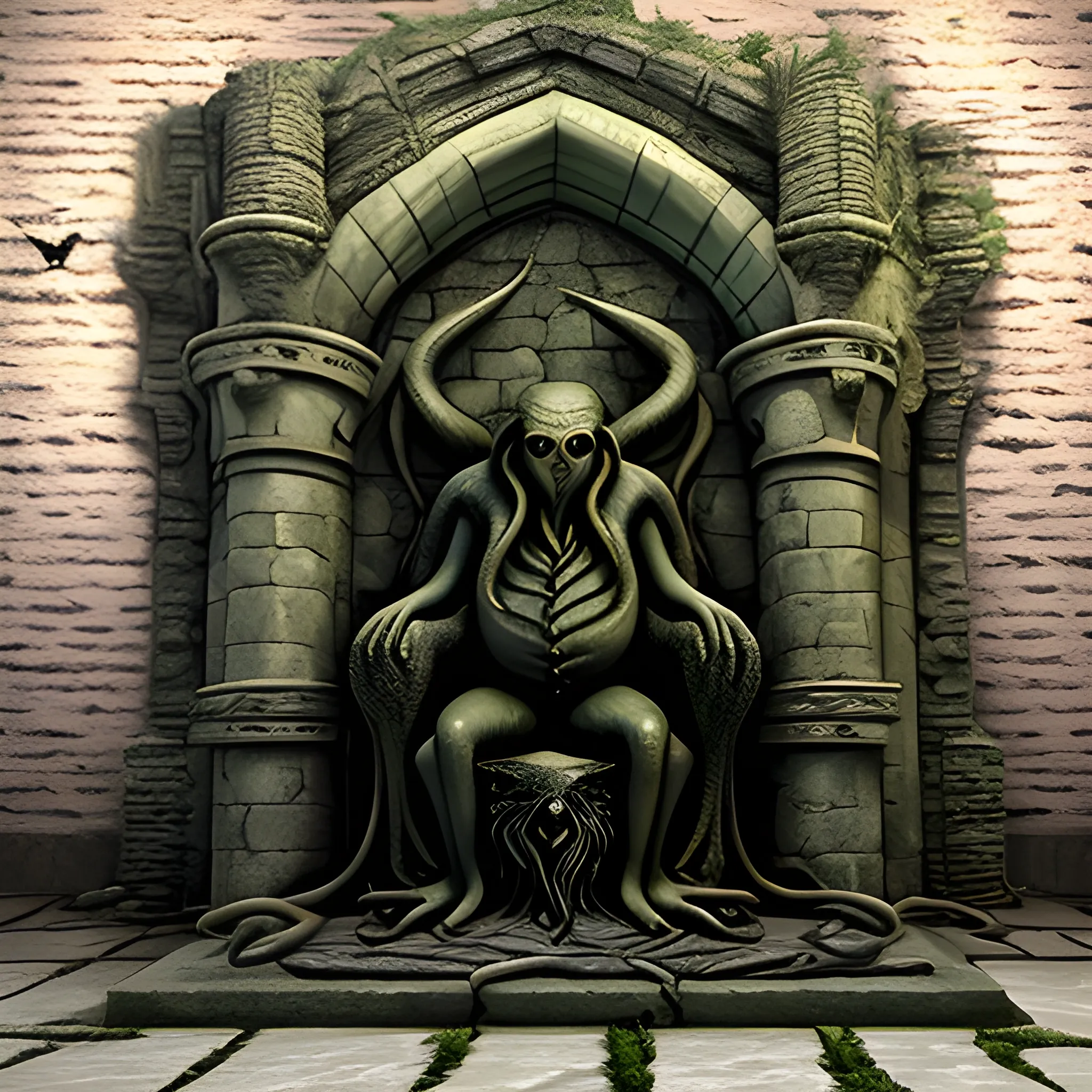 Painting of cthulhu, in a dark stone throne, 3D, in the backgrownd an ancient castle wall , spiders, bats and other animals are crawling everywhere, , 3D