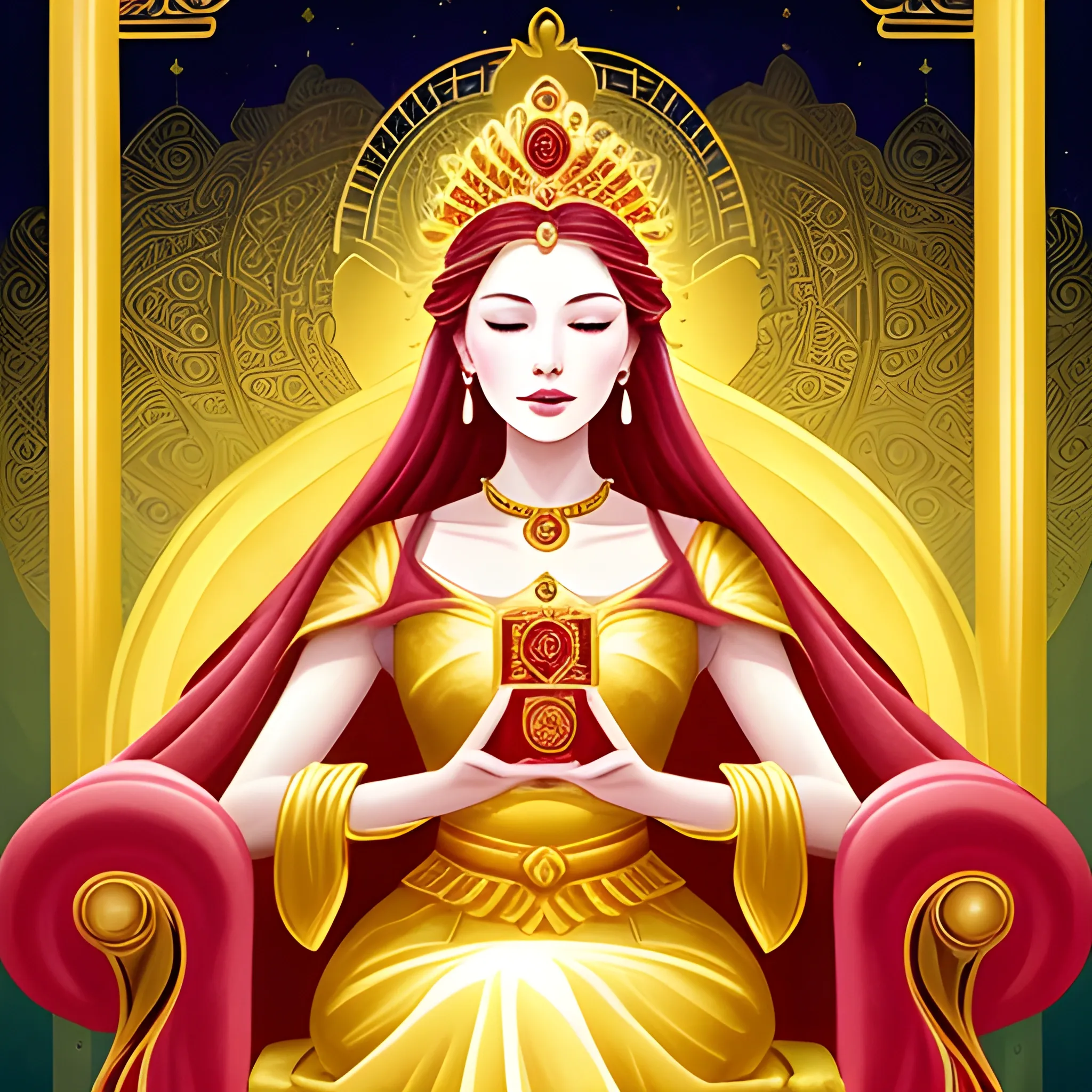 Please create an illustration depicting an elegant and serene woman seated on a golden throne. She radiates a sense of power and wisdom. The color red should be the base for her attire and the throne, but there should be golden tones that add a special glow. In her hands, she holds a magical oracle that reveals visions of good fortune. The oracle glows with vibrant and warm colors, and the visions it shows should be symbols of prosperity and success in the woman's life. The watercolor technique should give the illustration a soft and ethereal look that enhances the sense of mystery and magic
