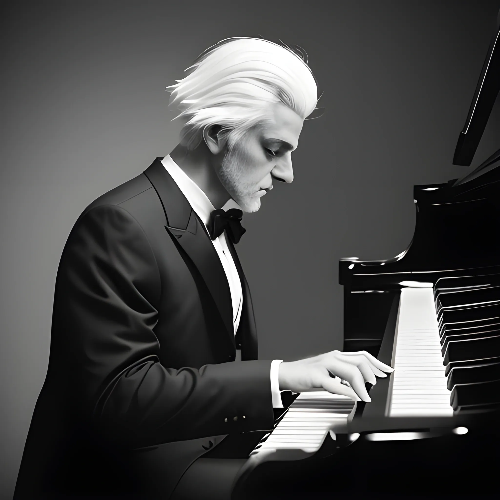 black and white colors, black and white palette, person with white hair and gray suit playing the piano, lateral point of view, scenary backround, not much light, poor light, photographic style