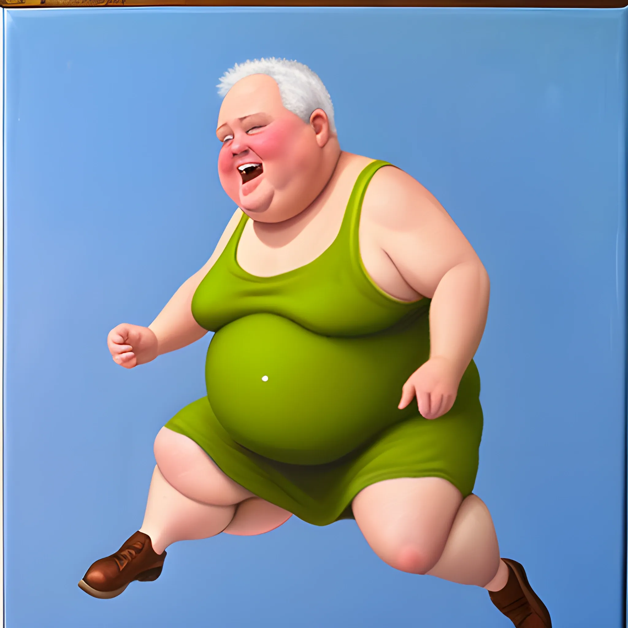 Old fat man jumping with mini dress, Oil Painting