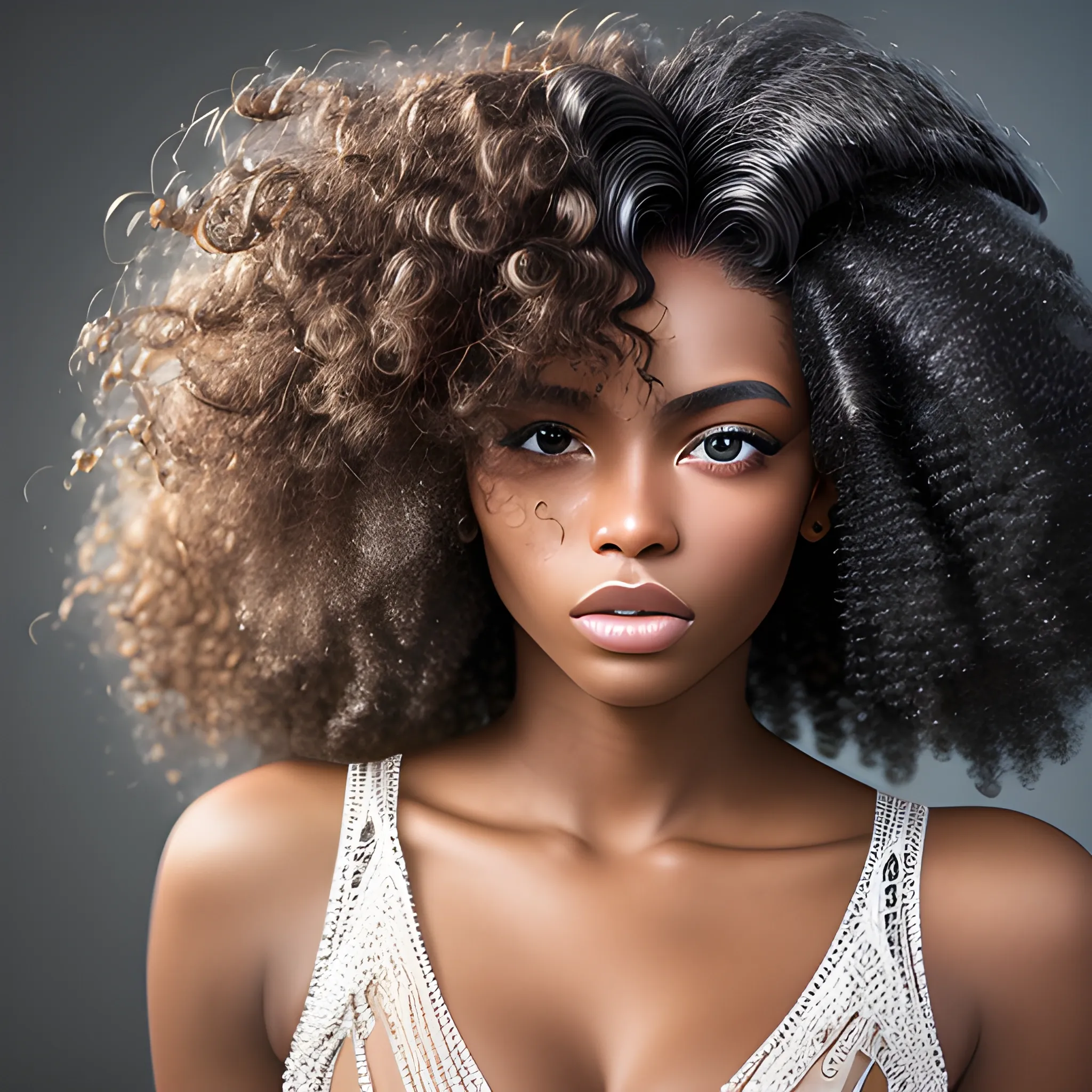 POV close-up shot of black model and model with curly hair with detailed elements