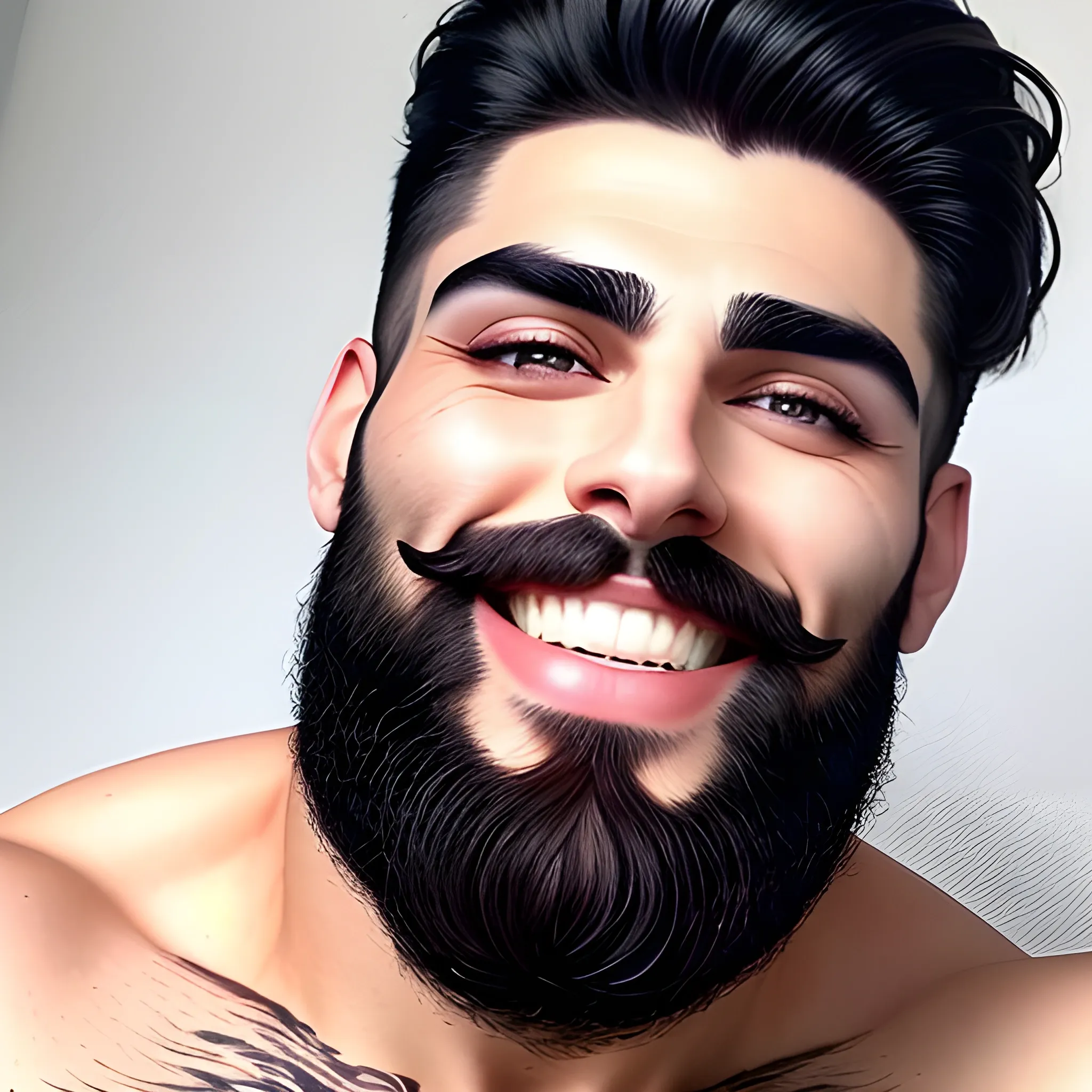 A beautiful young man with a beautiful face, with very realistic features, and dark black hair, a "true, flawless picture" with a real, charming smile and clear teeth, bright white teeth, a beard decorated in a modern way, wide eyes, thick black eyebrows, and a beautiful expression.