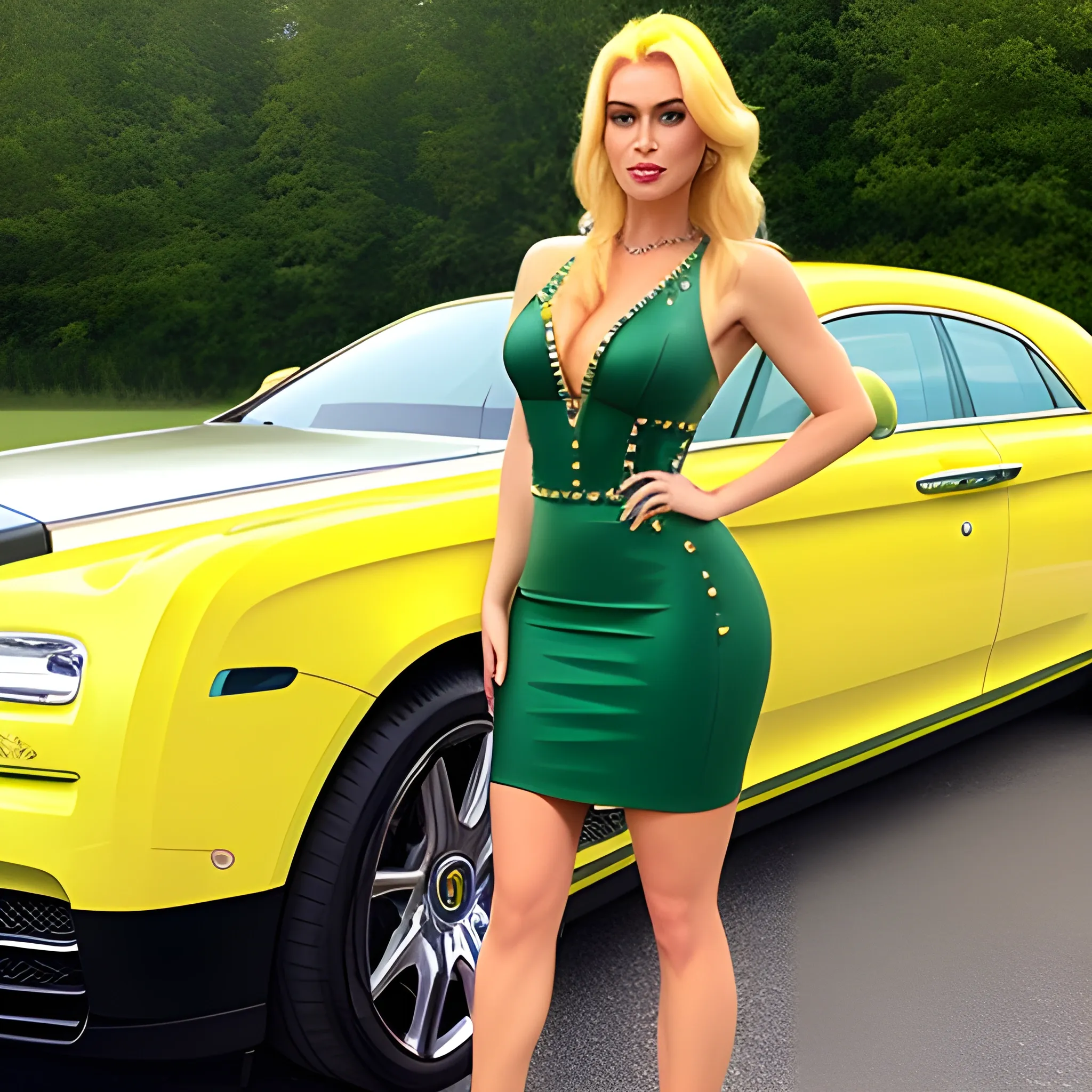 A beautiful girl with a beautiful face and appearance, wearing a green dress studded with yellow, a “real, error-free photo” with very realistic features, and blond hair 👱 in colour, of Caucasian origins, standing near a Rolls Royce car.