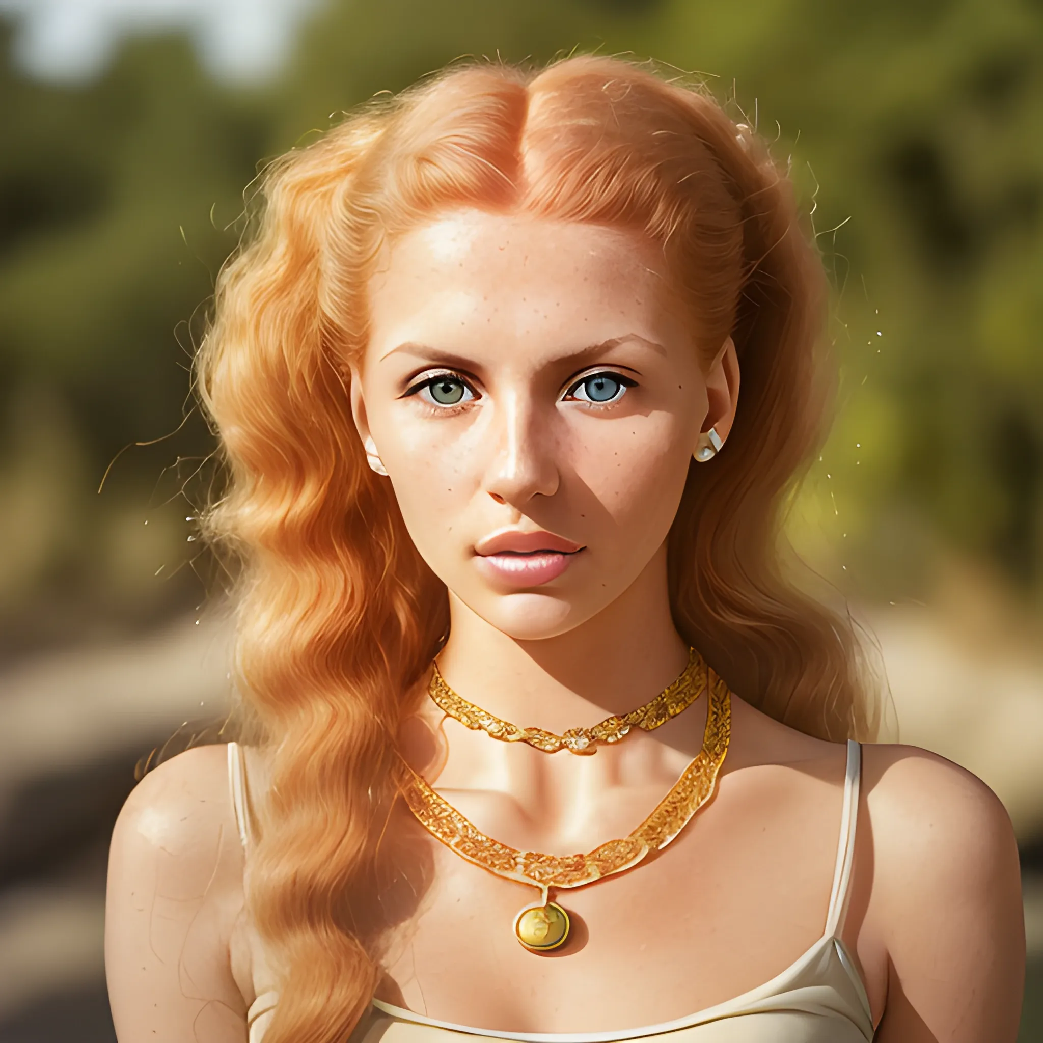 vintage photograph of an olive skinned female model with strawberry blonde hair in her twenties, her hair pinned up, wearing a designer top and one gold standard chain necklace, looking content, focused on her neck, photo realistic, extreme detail skin, natural beauty, no filter, slr, golden hour, 4 k, high definition, selfie