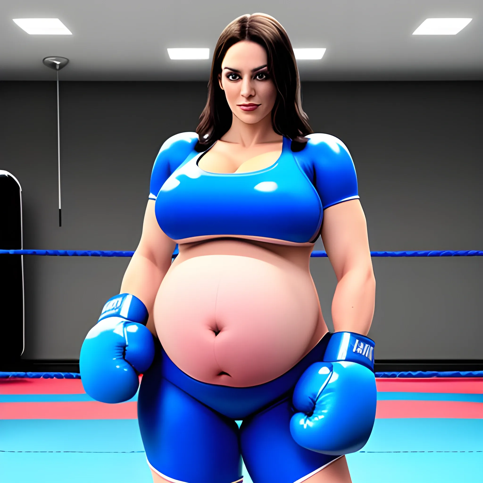 A girl is wearing a blue cosplay suit, she is wearing boxing gloves in a boxing gym, ultra high definition quality, Cartoon, hyper pregnant