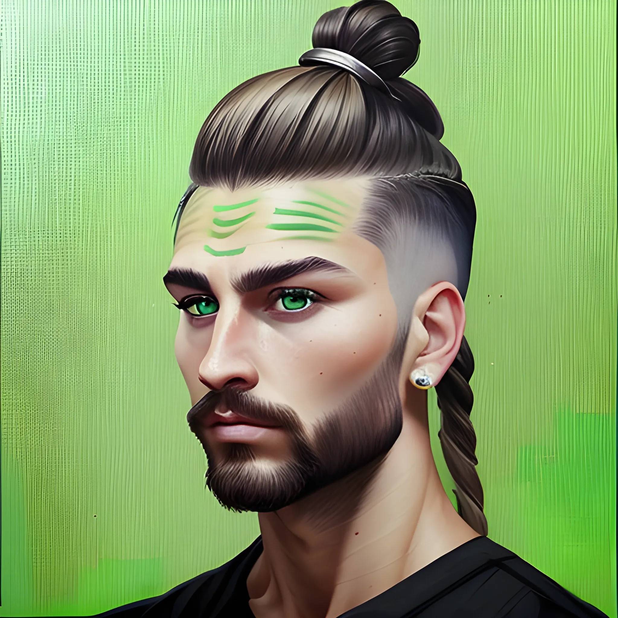 Generate a Vicking with shaved sides and long hair tied in a man bun, with green eye profile pic, Oil Painting