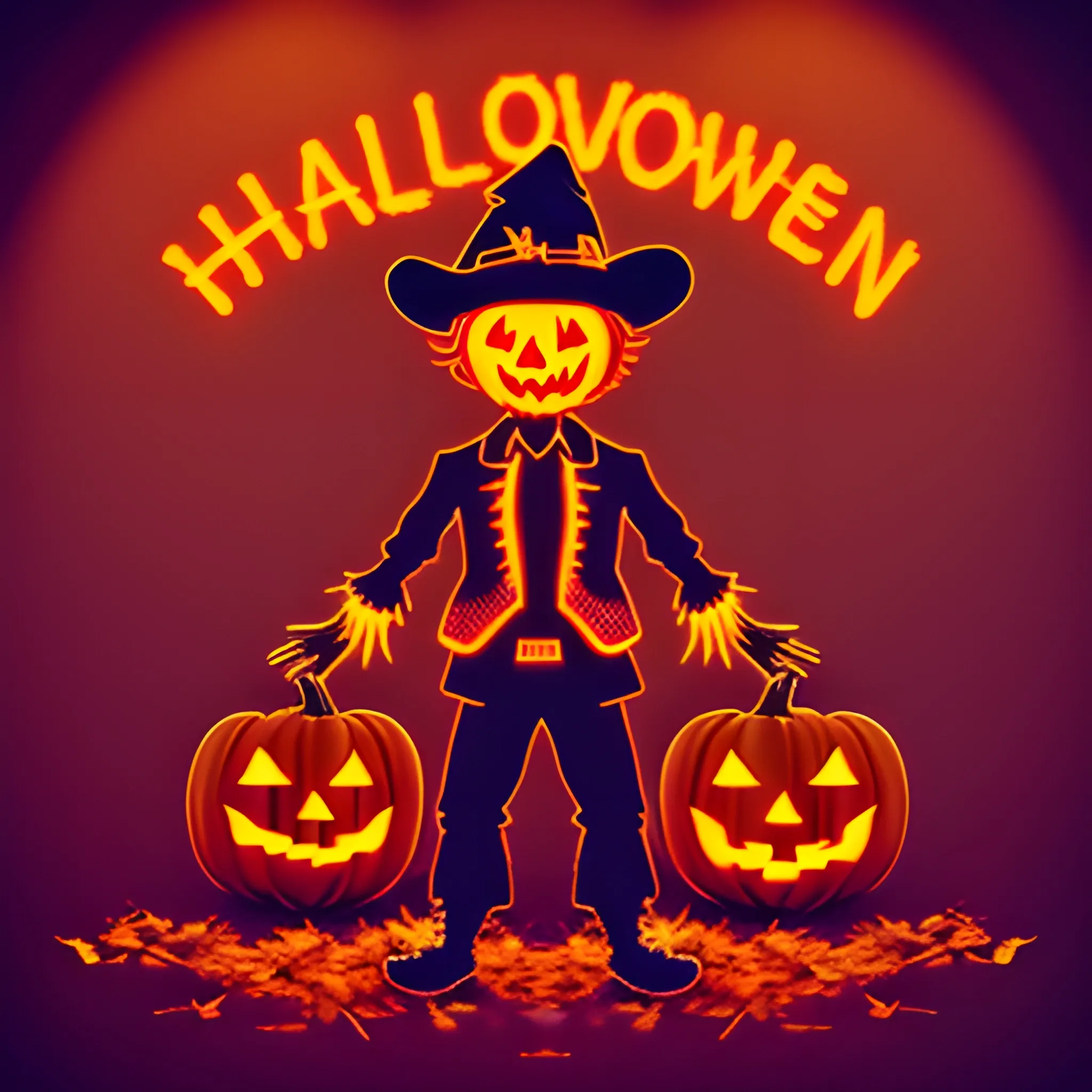 Halloween, scarecrow with pumpkin head, neon lights, 2D style