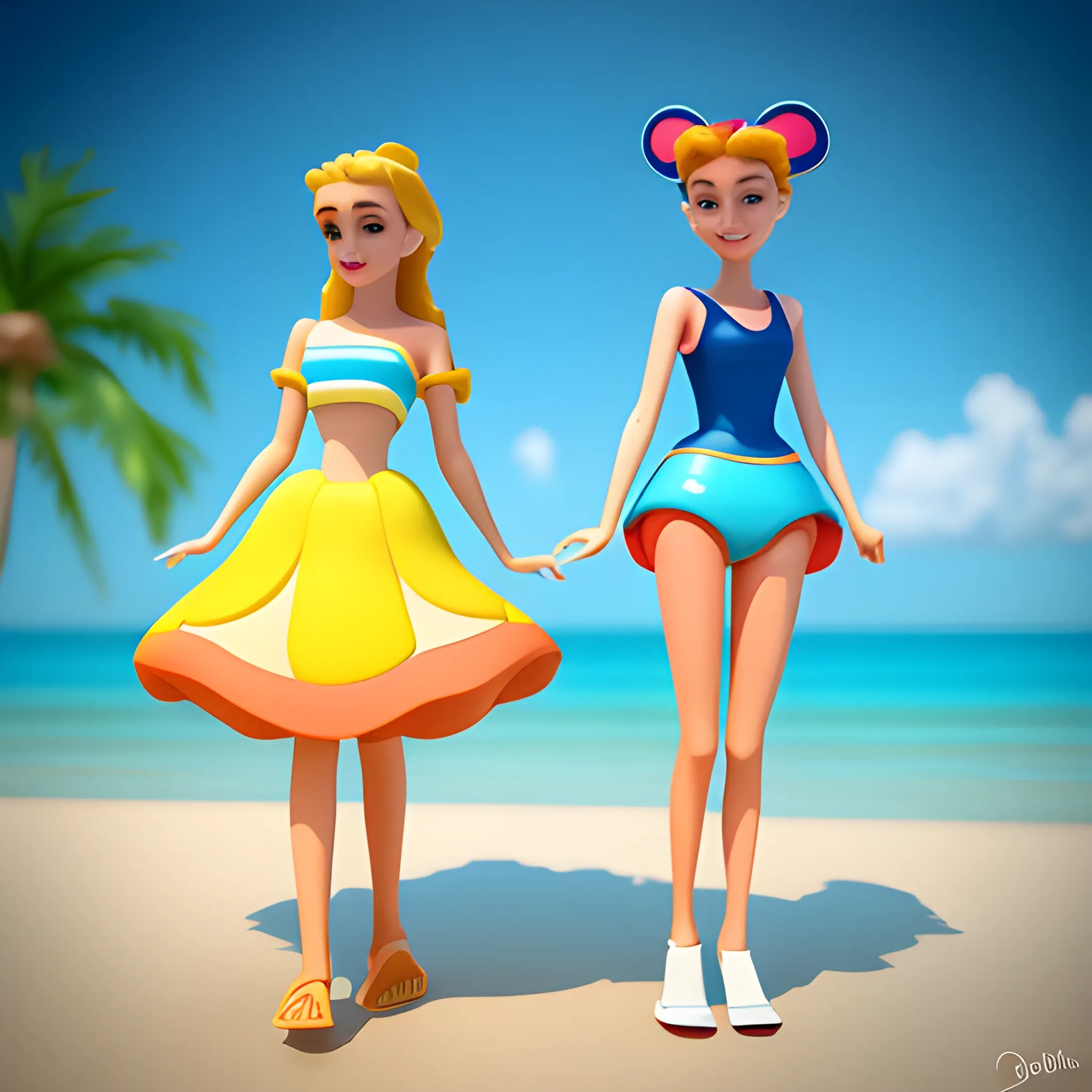 beach,in summer,style of Disney,model,3D