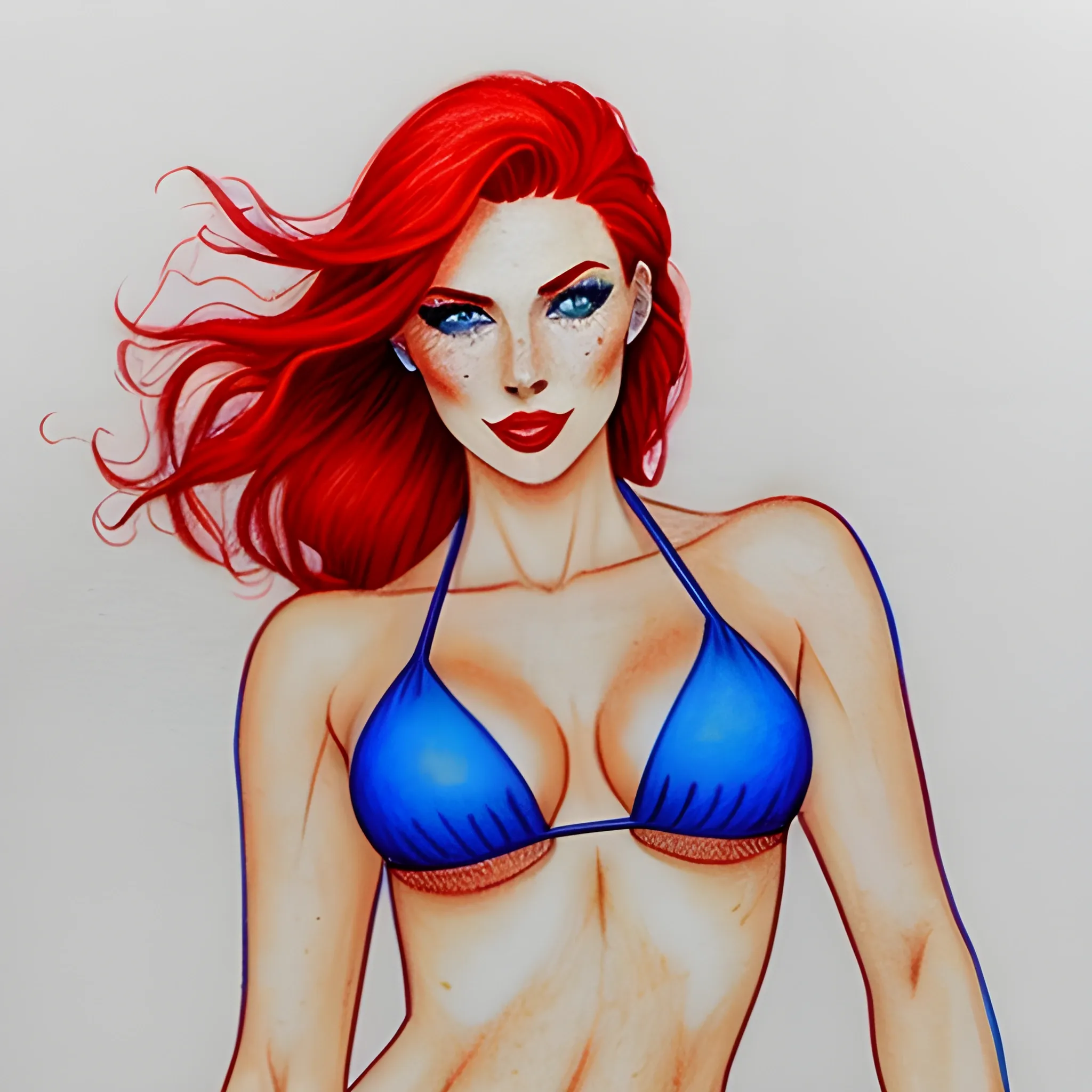 a young woman with a perfect body, beautiful bikini, red hair, freckled face and blue eyes, Pencil Sketch