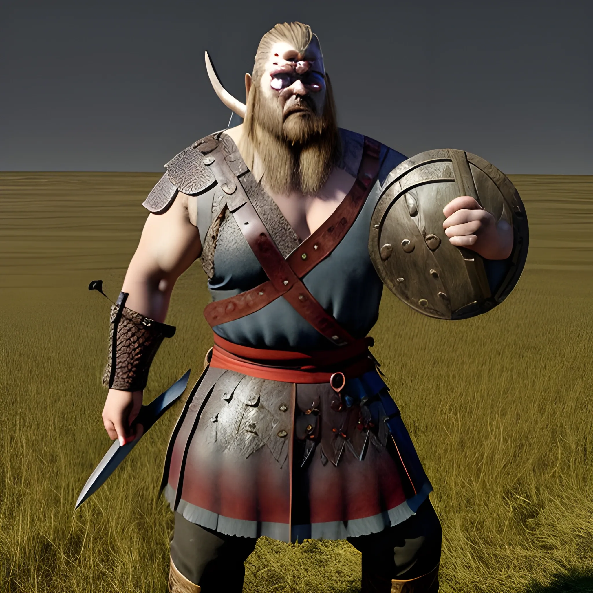 huge viking warrior in bloody clothes holding a severed head, , 3D