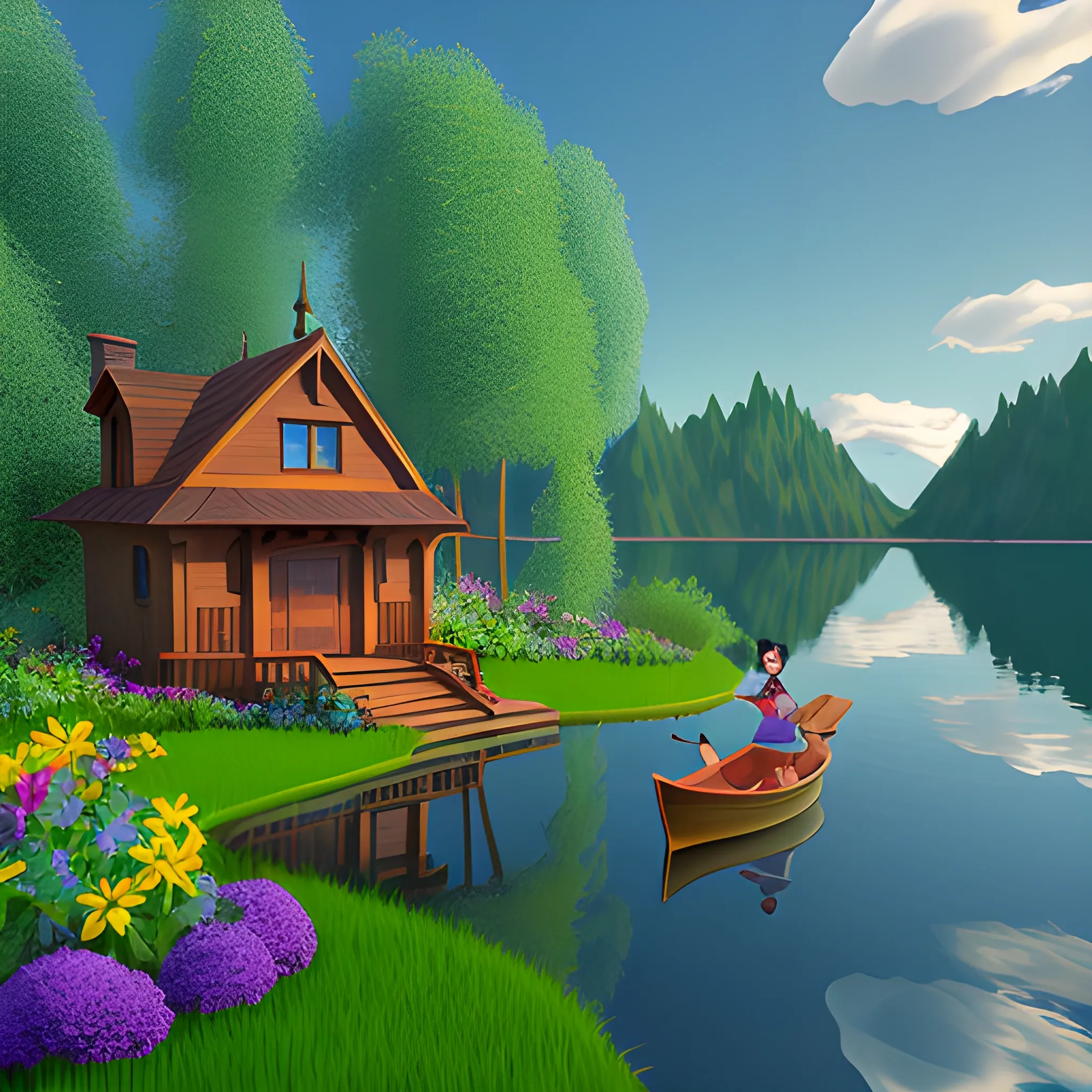 lake,nature,style of a disney movie,3D,model