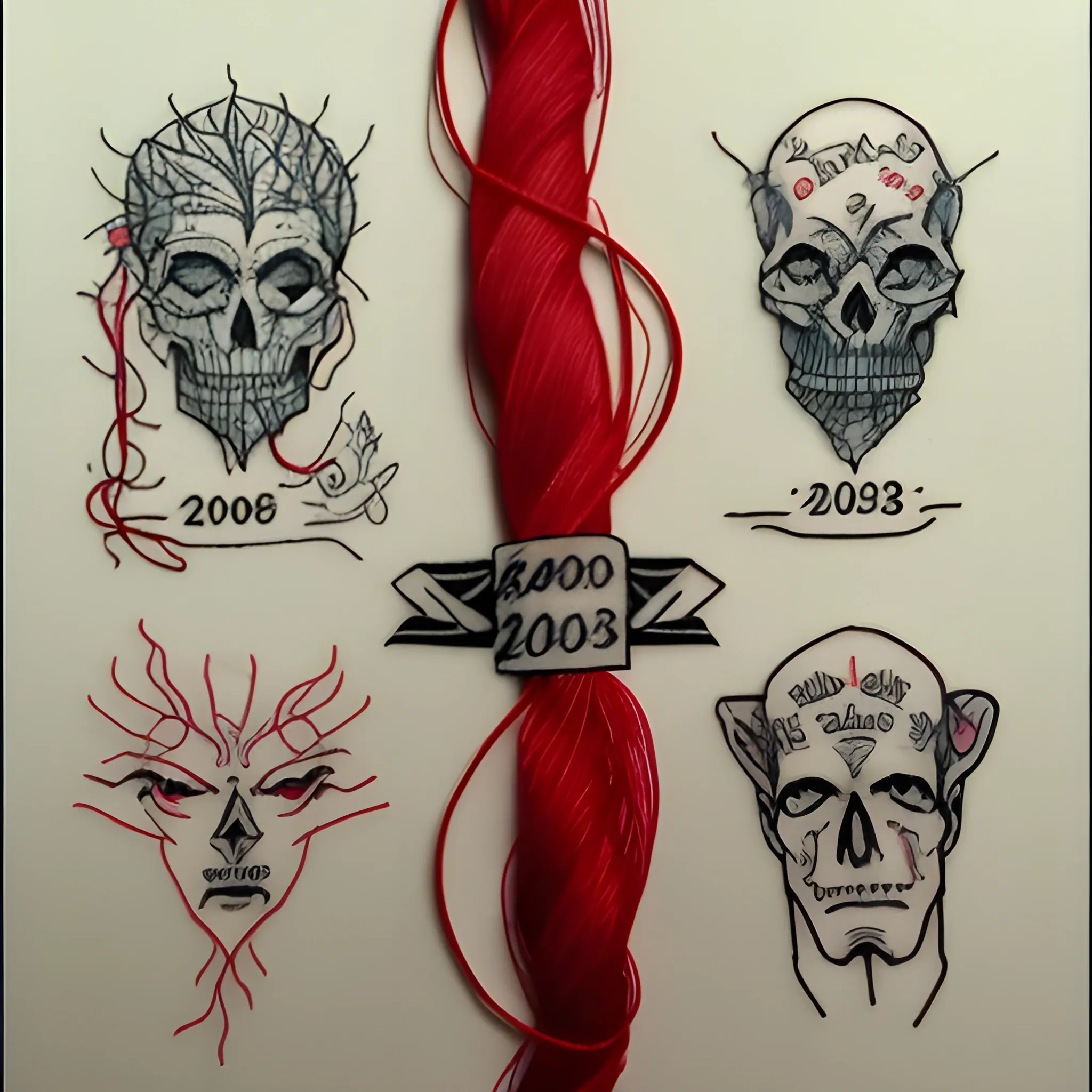 Draw me a tattoo that with a red thread unites the years 2003, 2006, 2011 and 2023
