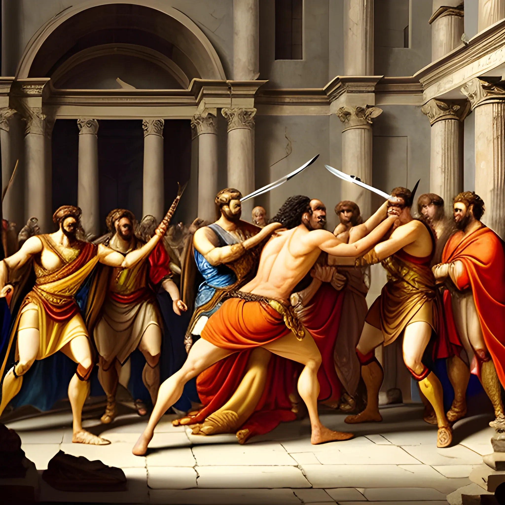 a dramatic depiction of a chaotic scene in an ancient Roman hall, where several Roman generals, dressed in rich togas, are fiercely clashing with one another. The overall atmosphere should be tension and tumult of this historic clash, with one man holding a knife about to kill, Leonardo da Vinci's oil painting style, wide shot angle, detailed architecture behind, heavily detailed, canvas texture, detailed anatomy, daytime, cinematic lighting