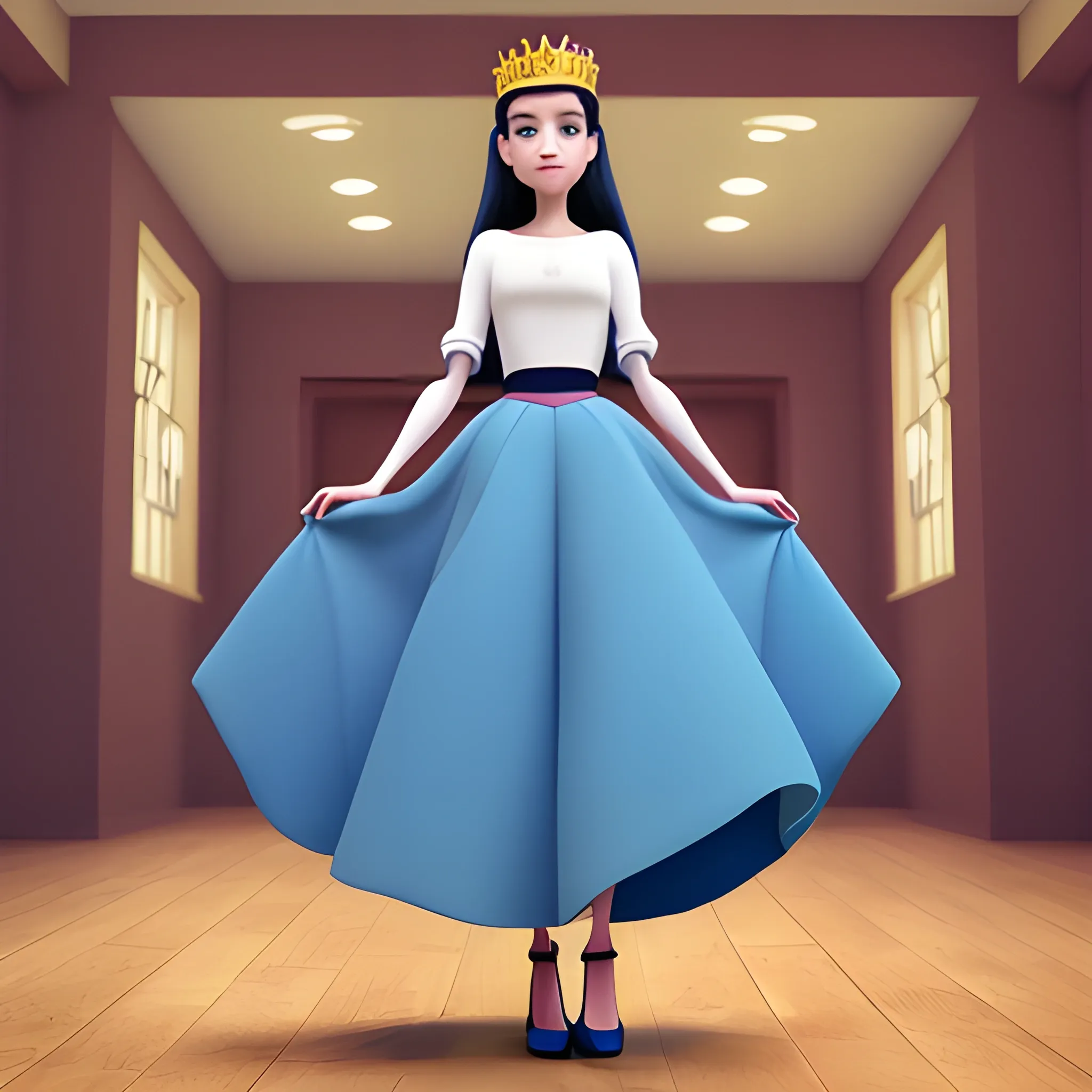 disney,add Photorealism,and high quality,multi-detail,HD, Cartoon,model,3D,pixar,
 ,while maintaining the simplest structure and fewer colors,Stylish and minimalist,colorful,long skirt,crown,high heels,{{{whole body}}},whole_body,whole body