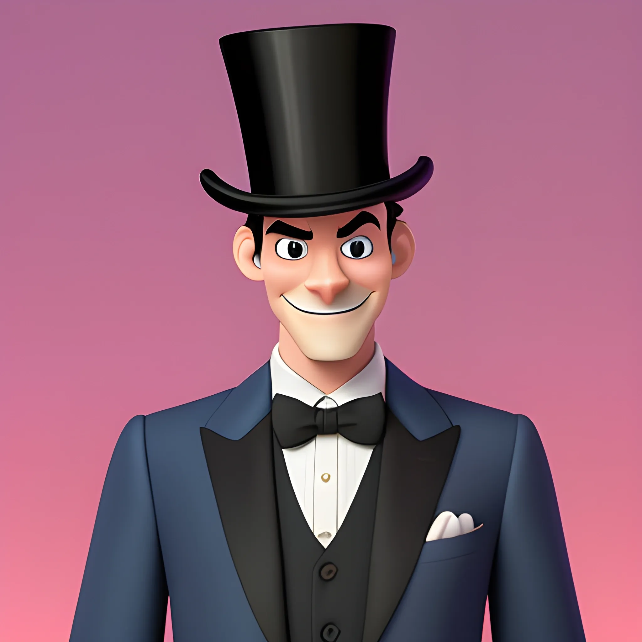 disney,add Photorealism,and high quality,multi-detail,HD, Cartoon,model,3D,pixar,
 ,while maintaining the simplest structure and fewer colors,Stylish and minimalist,colorful,man,top hat,High-collared suit,Gentlemanly demeanor,{{{whole body}}},whole_body,whole body