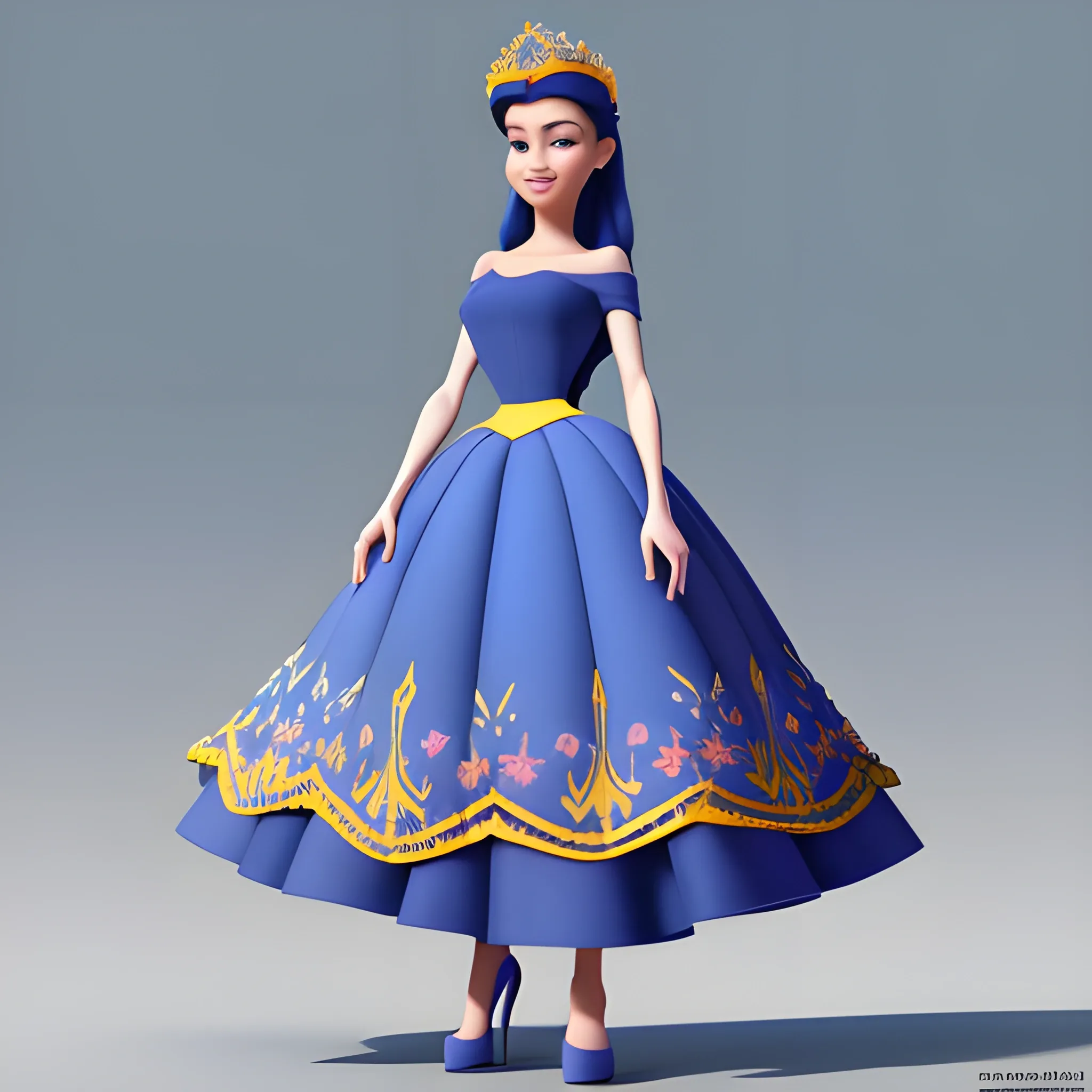 disney,add Photorealism,and high quality,multi-detail,HD, Cartoon,model,3D,pixar,
 ,while maintaining the simplest structure and fewer colors,Stylish and minimalist,colorful,long skirt,crown,high heels,Royalty style,{{{whole body}}},whole_body,whole body