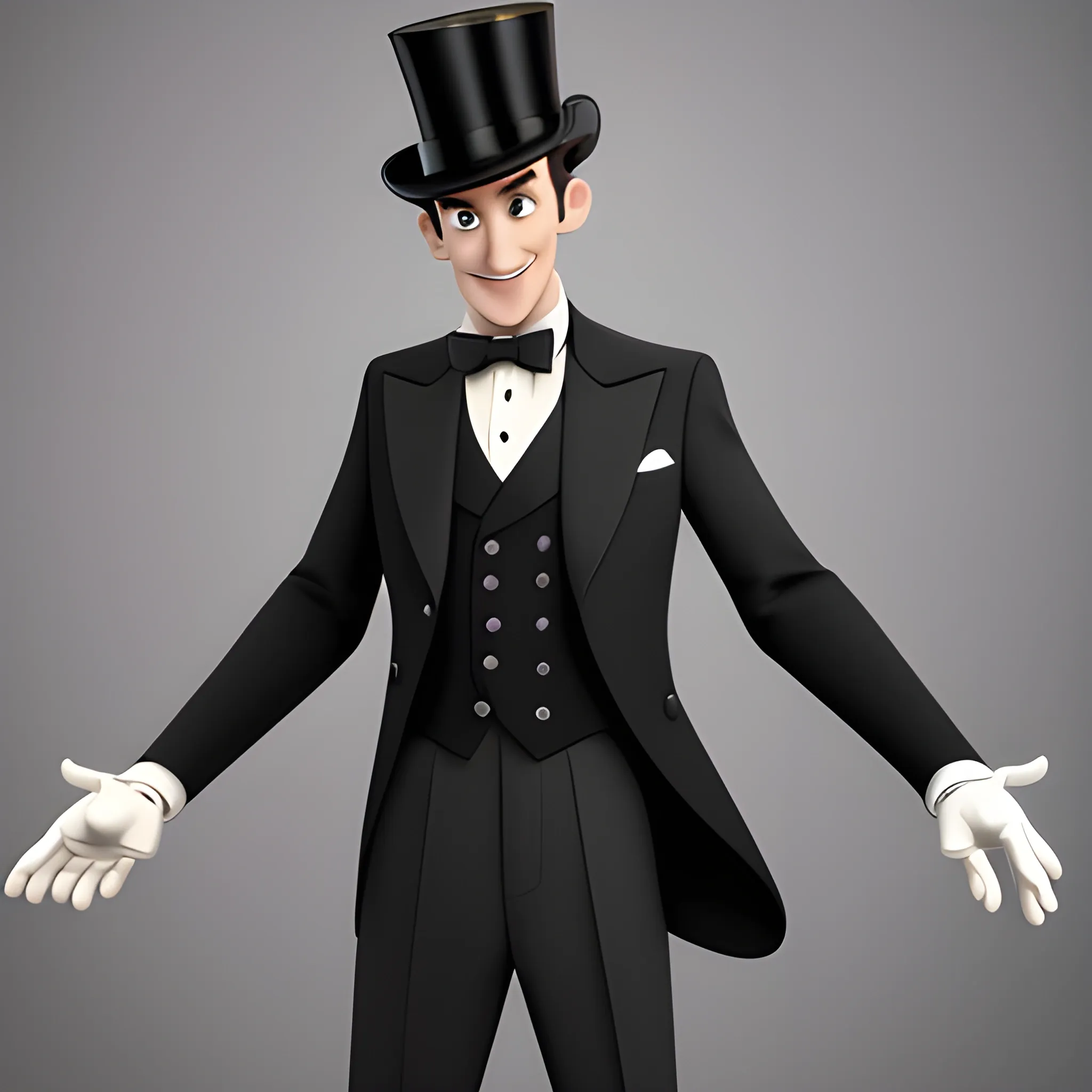 disney,add Photorealism,and high quality,multi-detail,HD, Cartoon,model,3D,pixar,
 ,while maintaining the simplest structure and fewer colors,Stylish and minimalist,colorful,man,top hat,High-collared suit,Gentlemanly demeanor,{{{whole body}}},whole_body,whole body