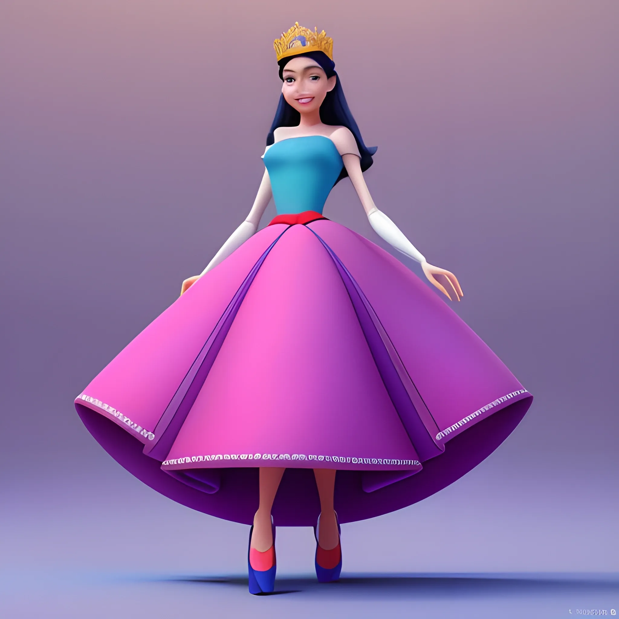 disney,add Photorealism,and high quality,multi-detail,HD, Cartoon,model,3D,pixar,
 ,while maintaining the simplest structure and fewer colors,Stylish and minimalist,colorful,long skirt,crown,high heels,Royalty style,{{{whole body}}},whole_body,whole body