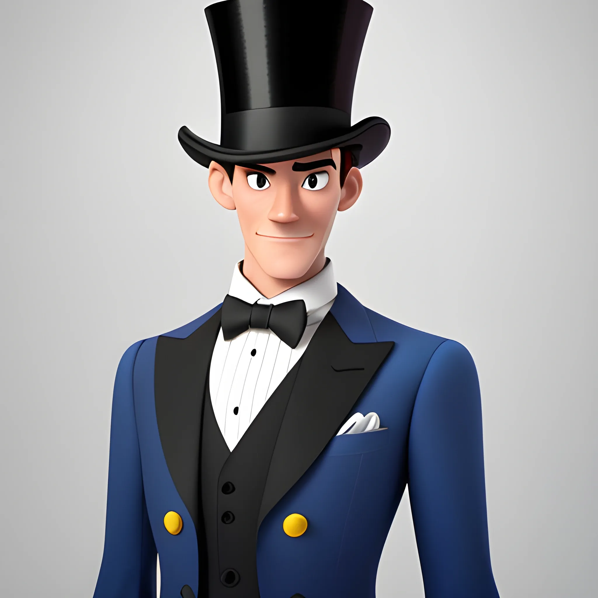 disney,add Photorealism,and high quality,multi-detail,HD, Cartoon,model,3D,pixar,
 ,while maintaining the simplest structure and fewer colors,Stylish and minimalist,colorful,man,top hat,High-collared suit,Gentlemanly demeanor,{{{whole body}}},whole_body,whole body