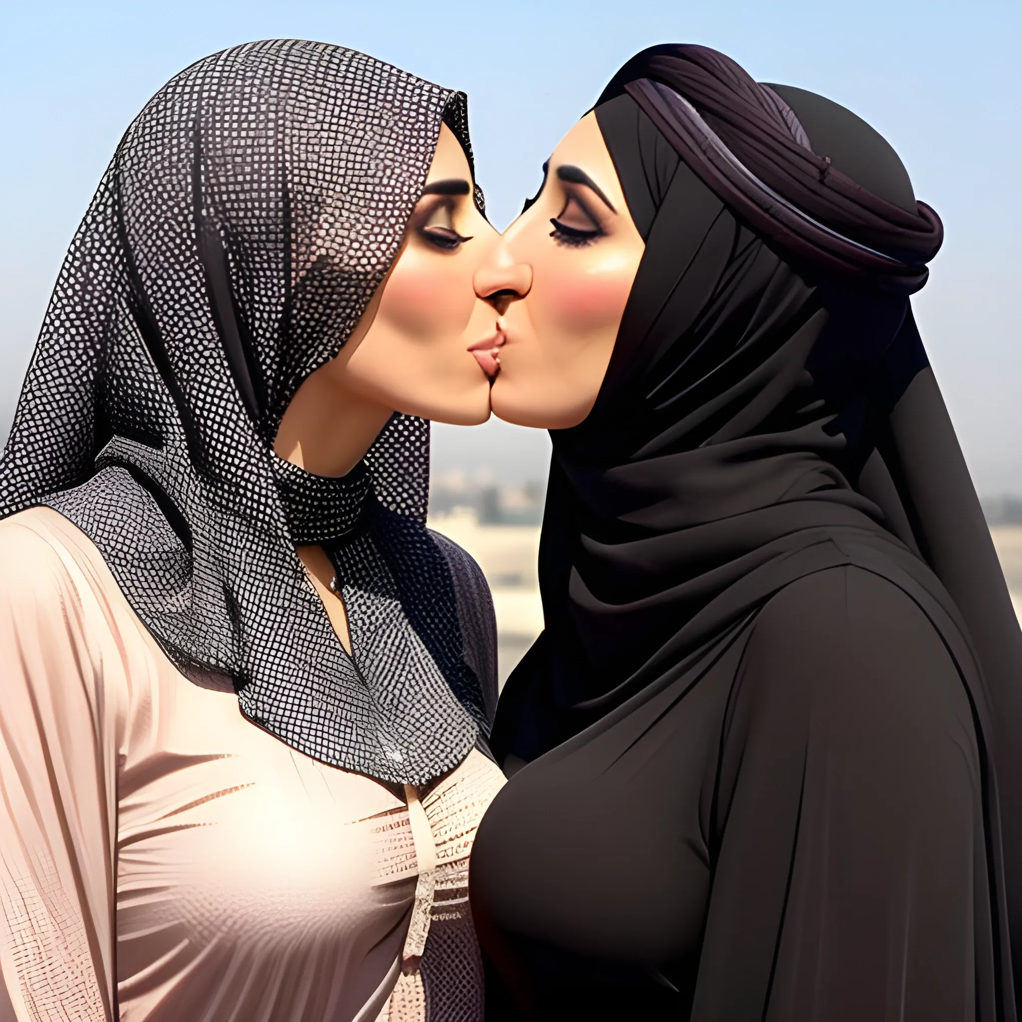 two cute arabic girls kissing, 