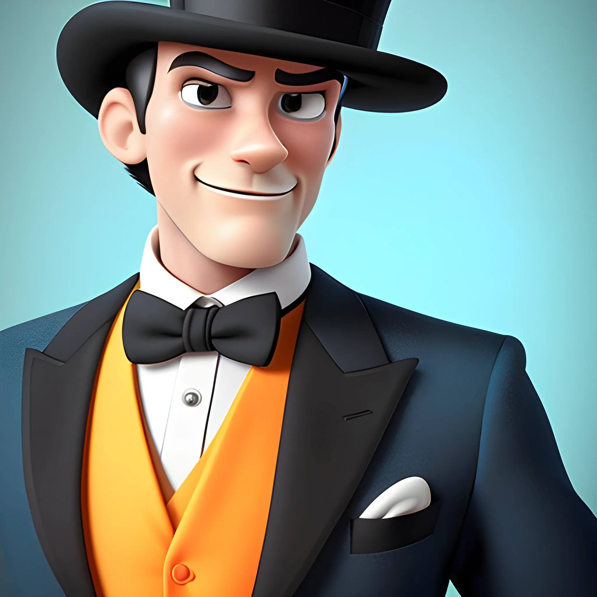 disney,add Photorealism,and high quality,multi-detail,HD, Cartoon,model,3D,pixar,
 ,while maintaining the simplest structure and fewer colors,Stylish and minimalist,colorful,man,top hat,High-collared suit,Gentlemanly demeanor,{{{whole body}}},whole_body,whole body