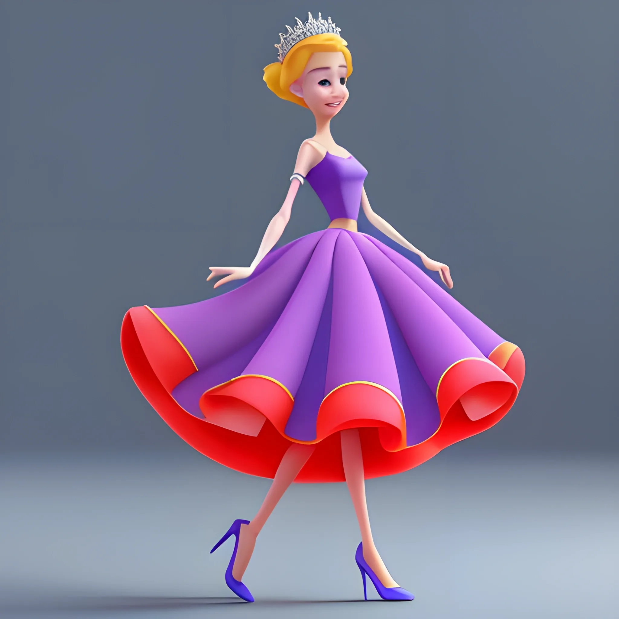 disney,add Photorealism,and high quality,multi-detail,HD, Cartoon,model,3D,pixar,
 ,while maintaining the simplest structure and fewer colors,Stylish and minimalist,colorful,long skirt,crown,high heels,{{{whole body}}},whole_body,whole body