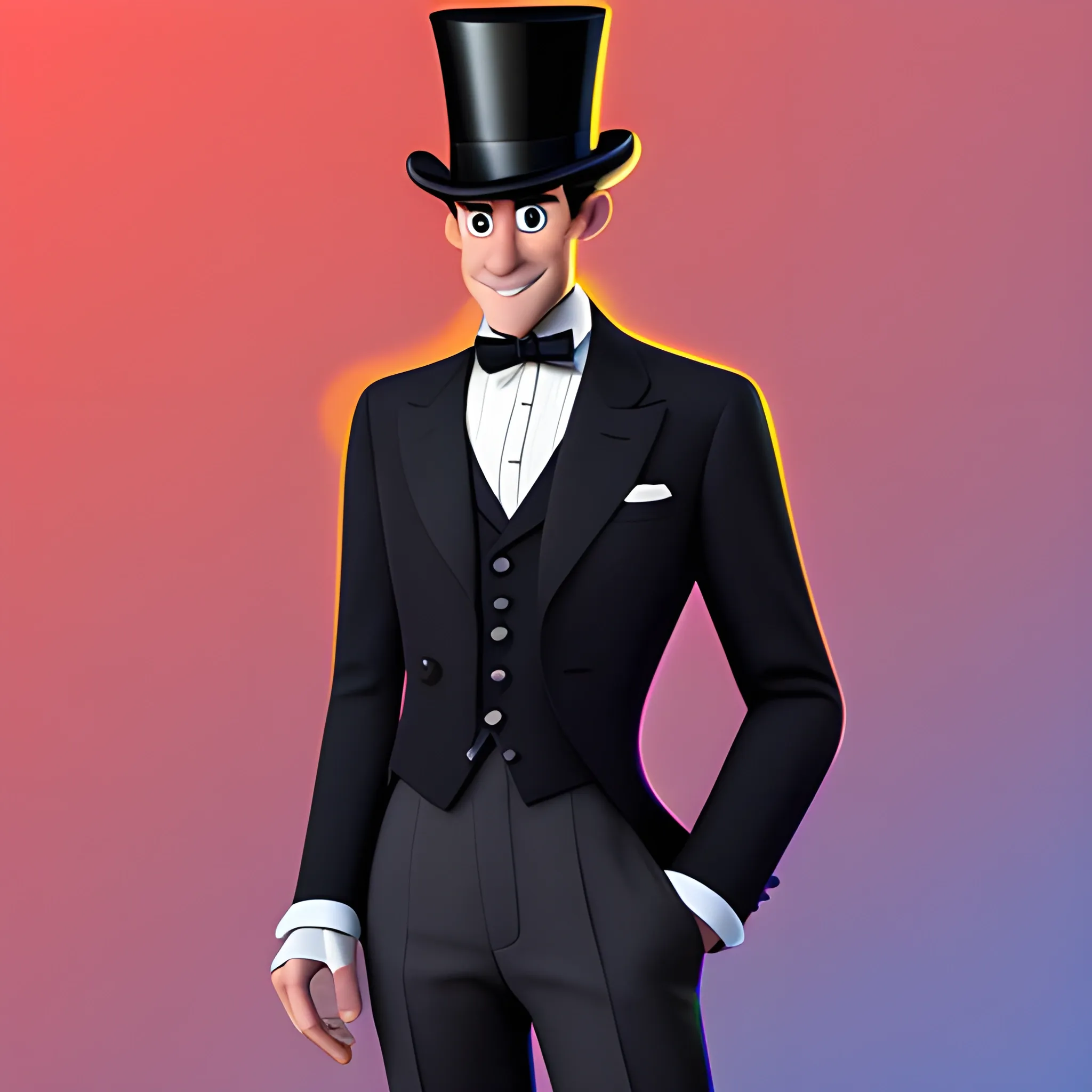 disney,add Photorealism,and high quality,multi-detail,HD, Cartoon,model,3D,pixar,
 ,while maintaining the simplest structure and fewer colors,Stylish and minimalist,colorful,man,top hat,High-collared suit,Gentlemanly demeanor,{{{whole body}}},whole_body,whole body