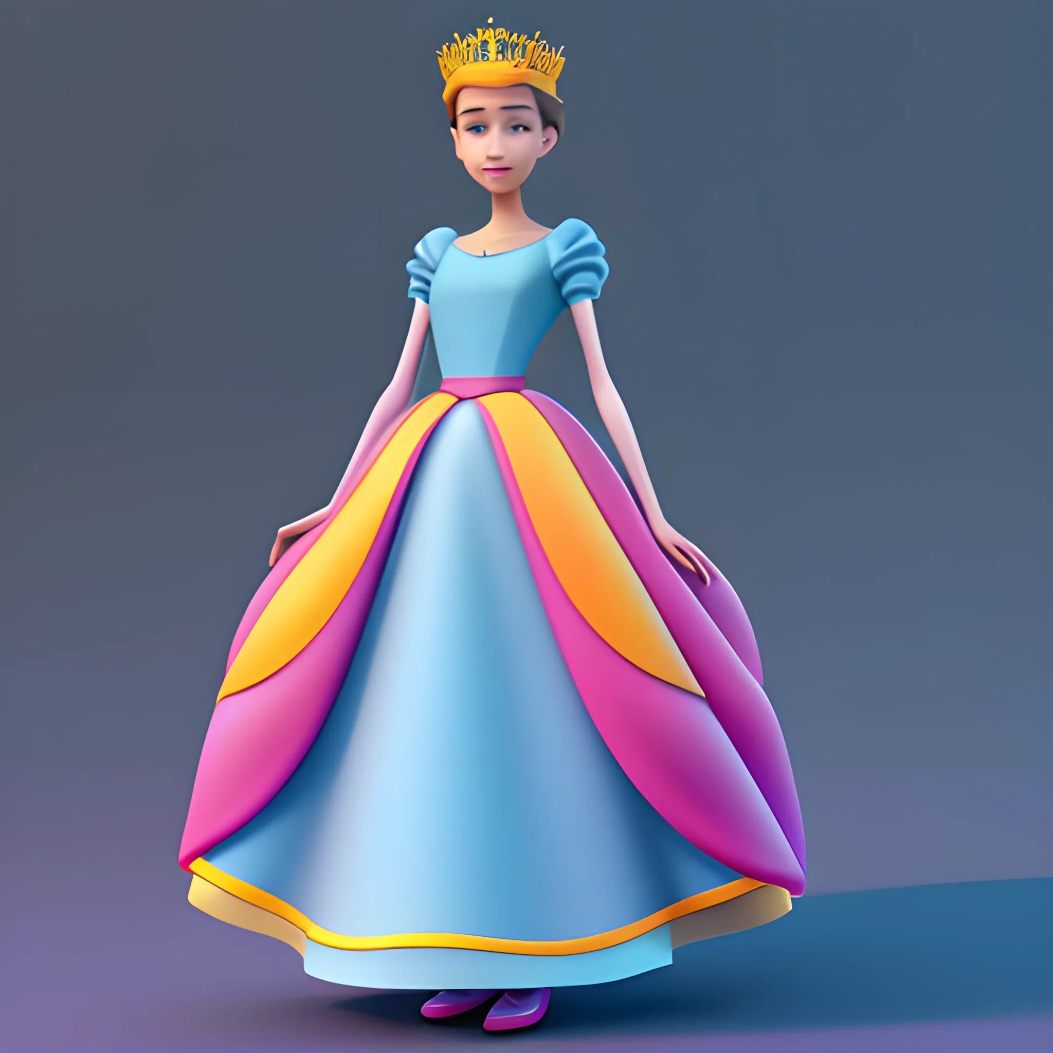 disney,add Photorealism,and high quality,multi-detail,HD, Cartoon,model,3D,pixar,
 ,while maintaining the simplest structure and fewer colors,Stylish and minimalist,colorful,long skirt,crown,{{{whole body}}},whole_body,whole body