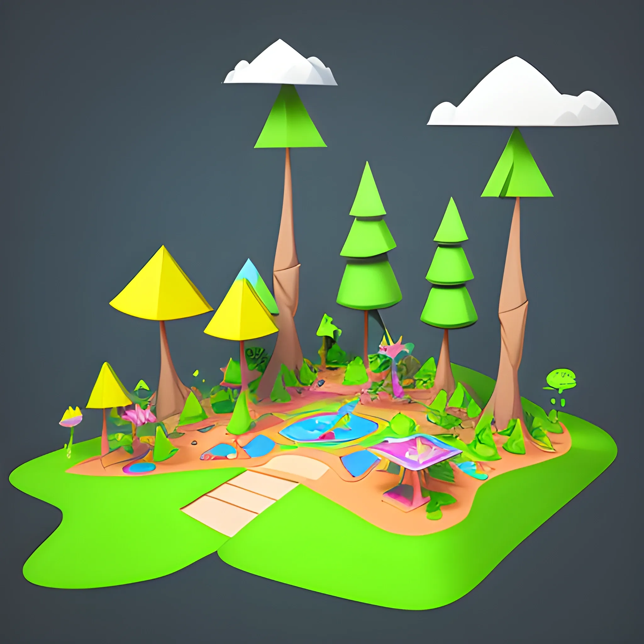 Create a cute cartoon 45-degree angle game artwork inspired by the Toon Blast and Peak Games,disney,add Photorealism,and high quality,multi-detail,HD, Cartoon,model,3D,pixar,
 ,while maintaining the simplest structure and fewer colors,Stylish and minimalist,colorful,forest model